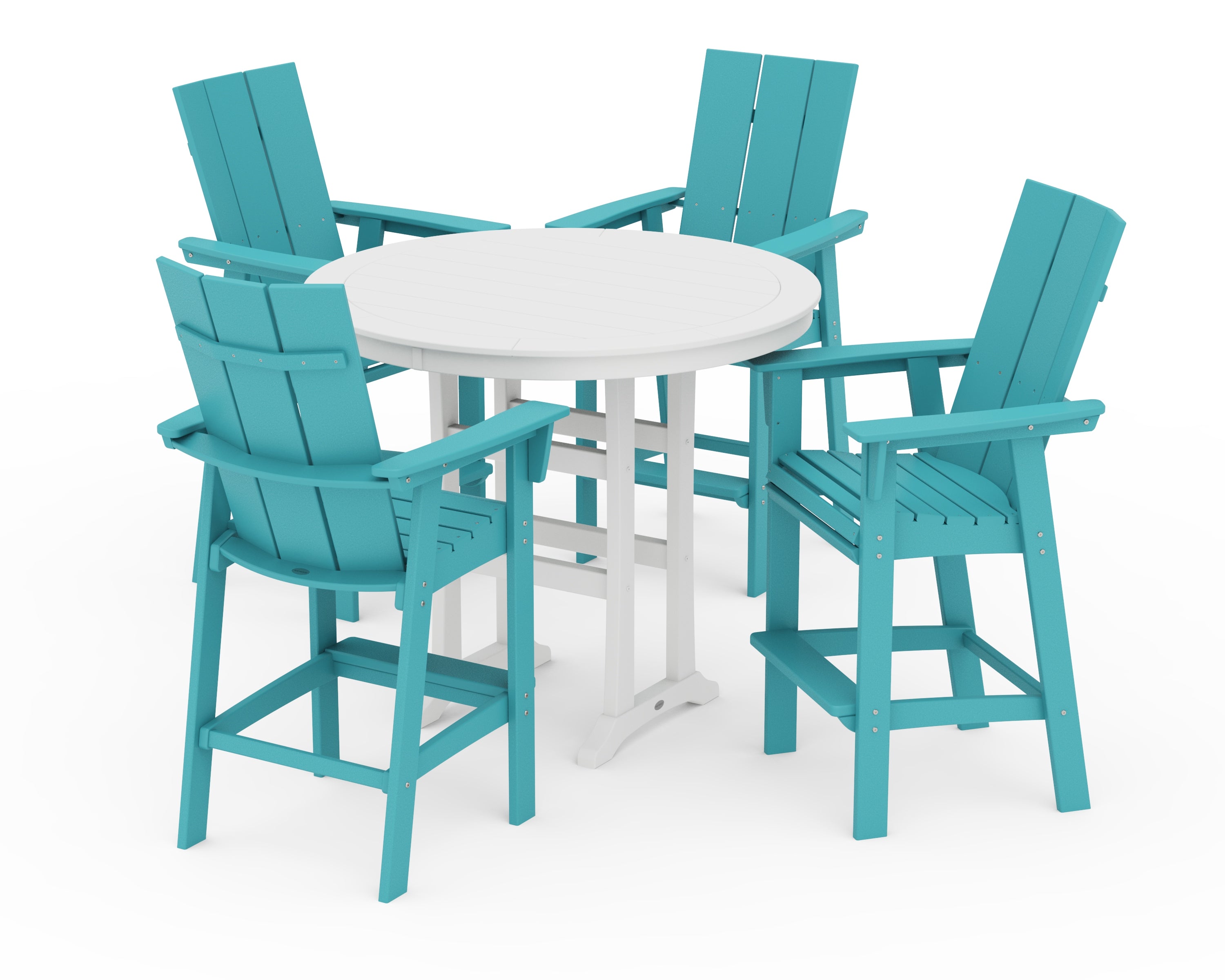 POLYWOOD Modern Curveback Adirondack 5-Piece Nautical Trestle Bar Set in Aruba / White