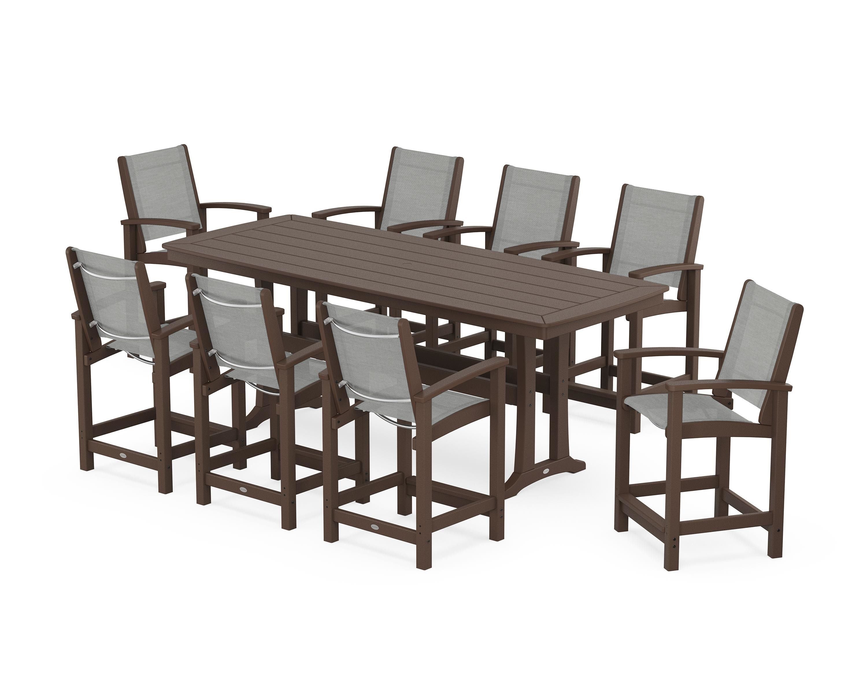 POLYWOOD Coastal 9-Piece Counter Set with Trestle Legs in Mahogany / Metallic Sling