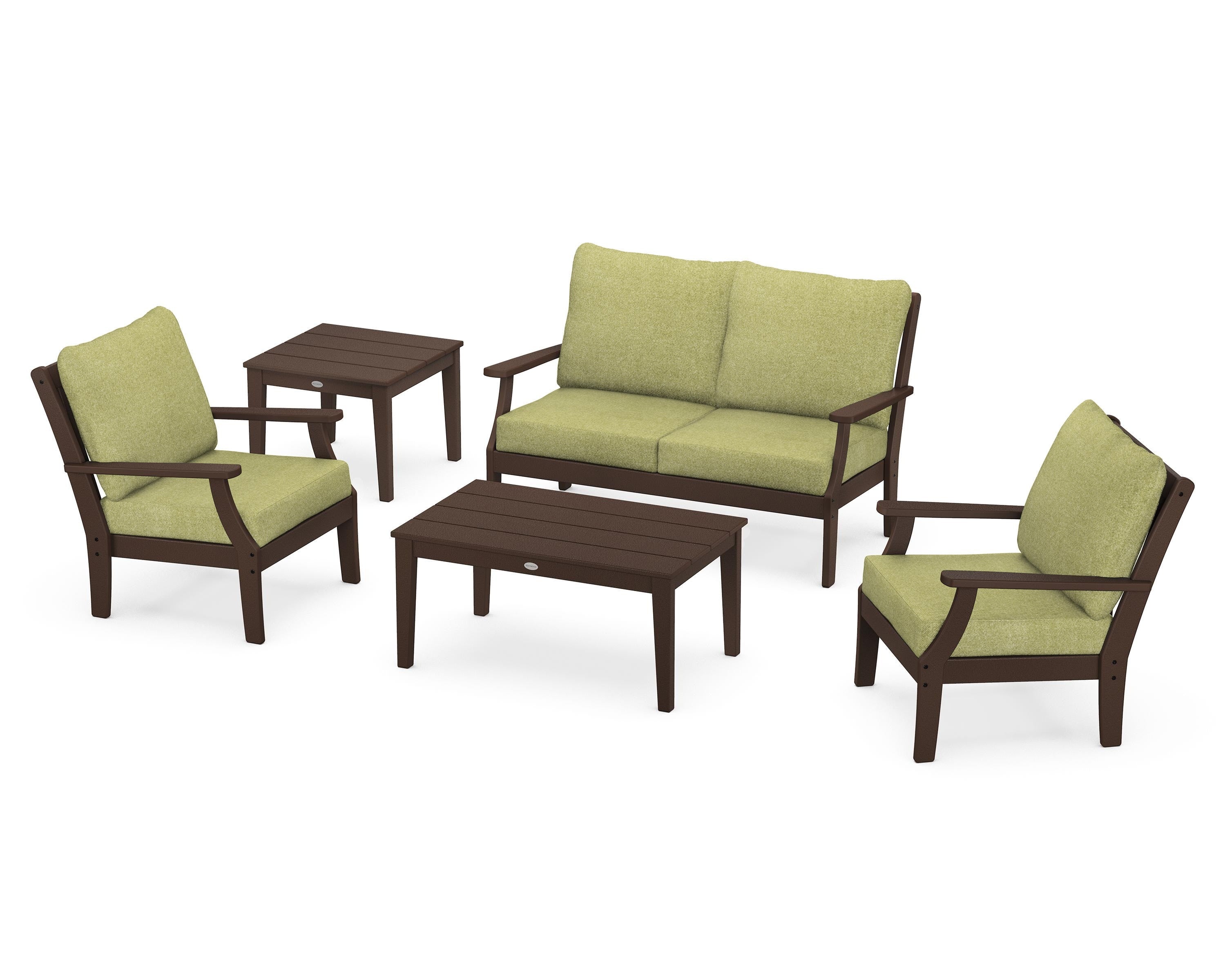 POLYWOOD Braxton 5-Piece Deep Seating Set in Mahogany / Chartreuse Boucle