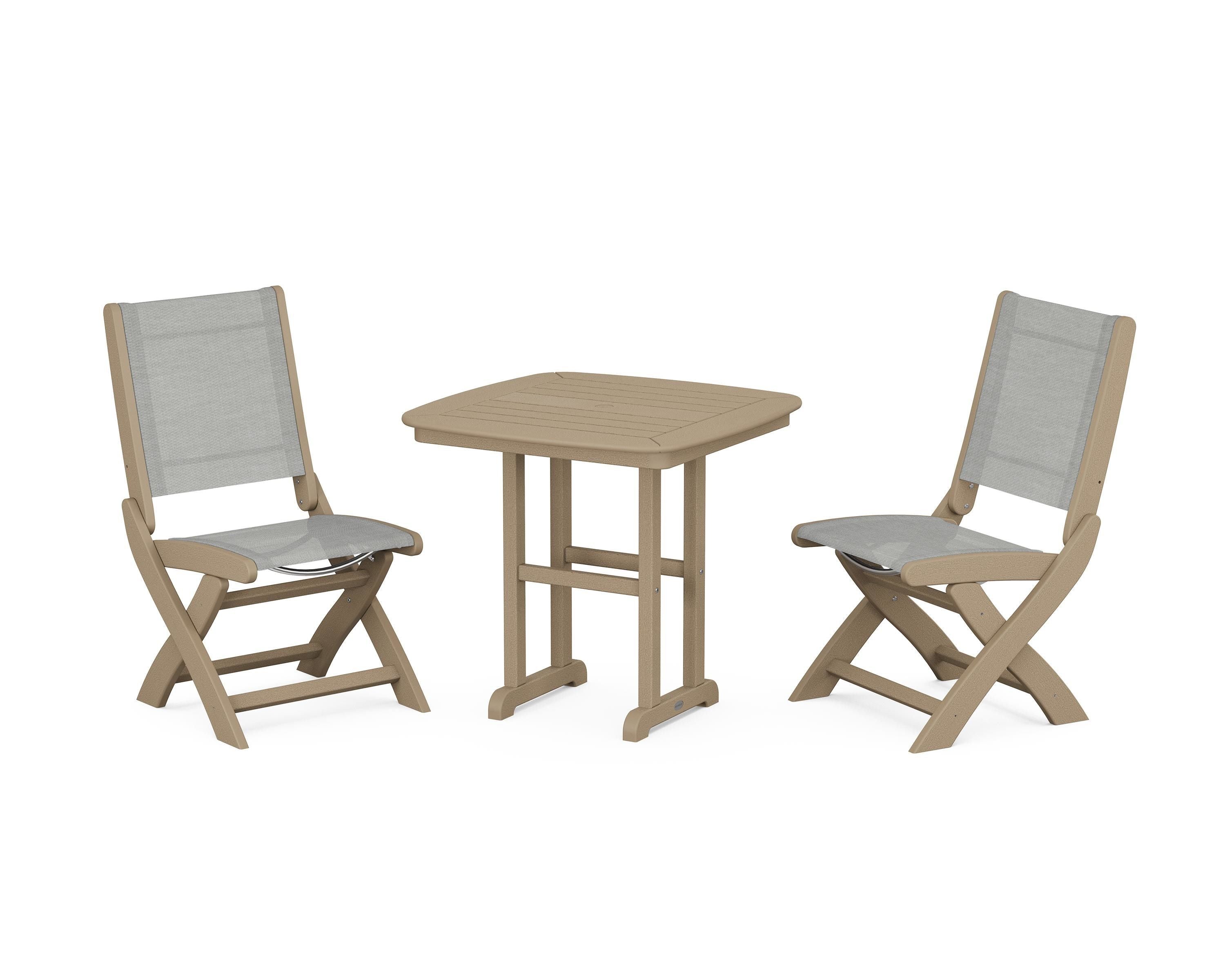 POLYWOOD Coastal Folding Side Chair 3-Piece Dining Set in Vintage Sahara / Metallic Sling