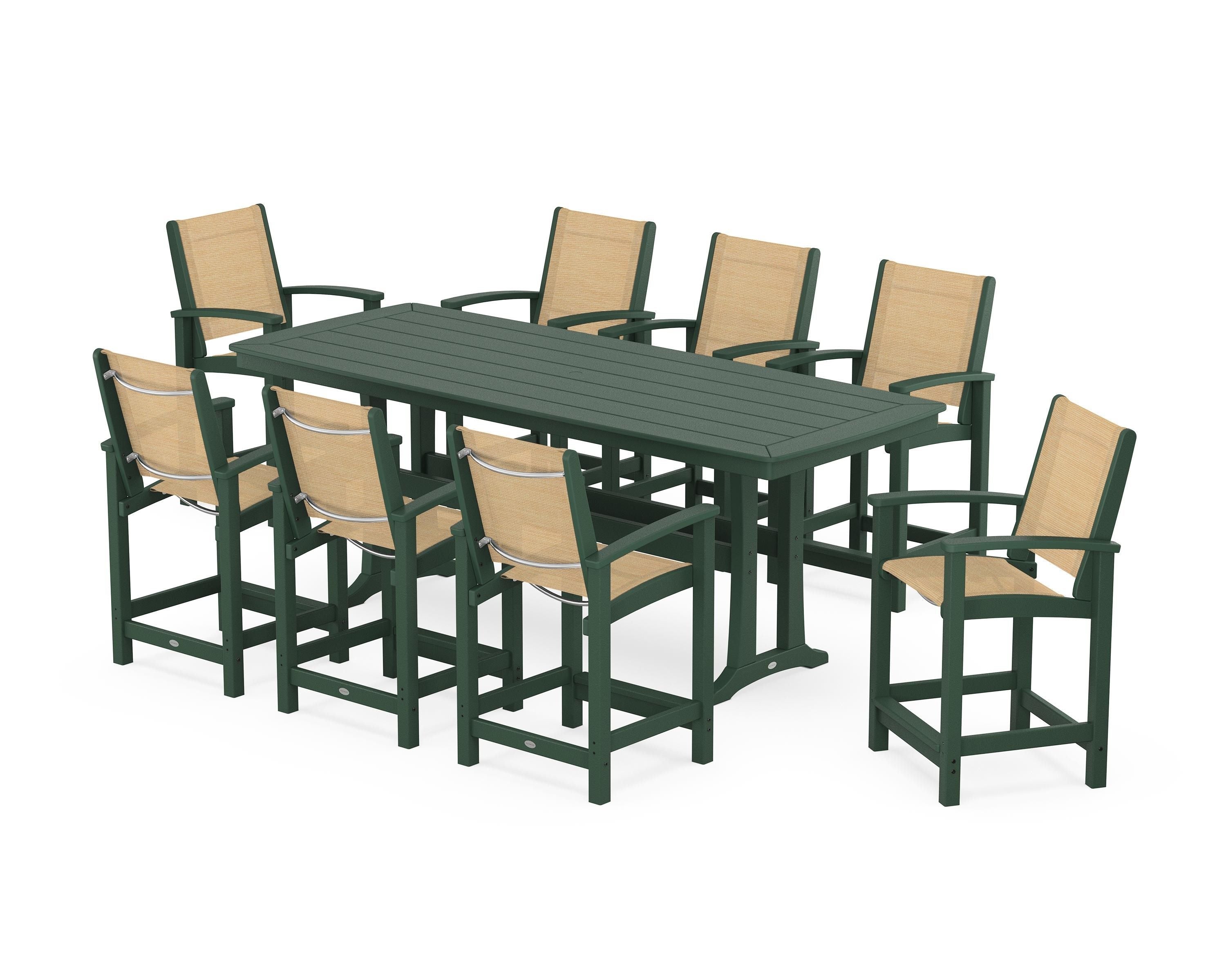 POLYWOOD Coastal 9-Piece Counter Set with Trestle Legs in Green / Dupioni Apricot Sling