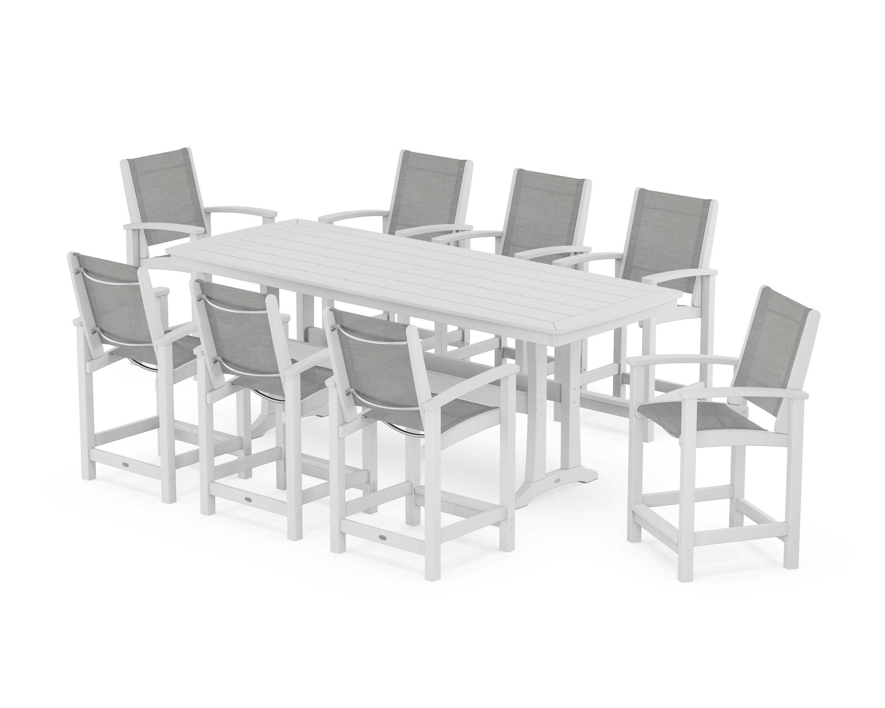 POLYWOOD Coastal 9-Piece Counter Set with Trestle Legs in White / Metallic Sling
