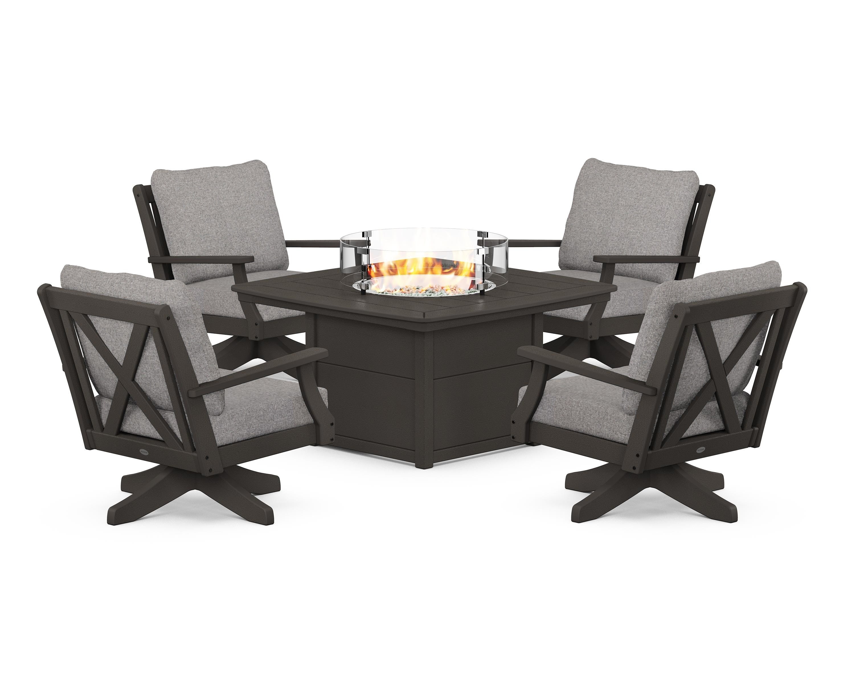 POLYWOOD Braxton 5-Piece Deep Seating Swivel Conversation Set with Fire Pit Table in Vintage Coffee / Grey Mist