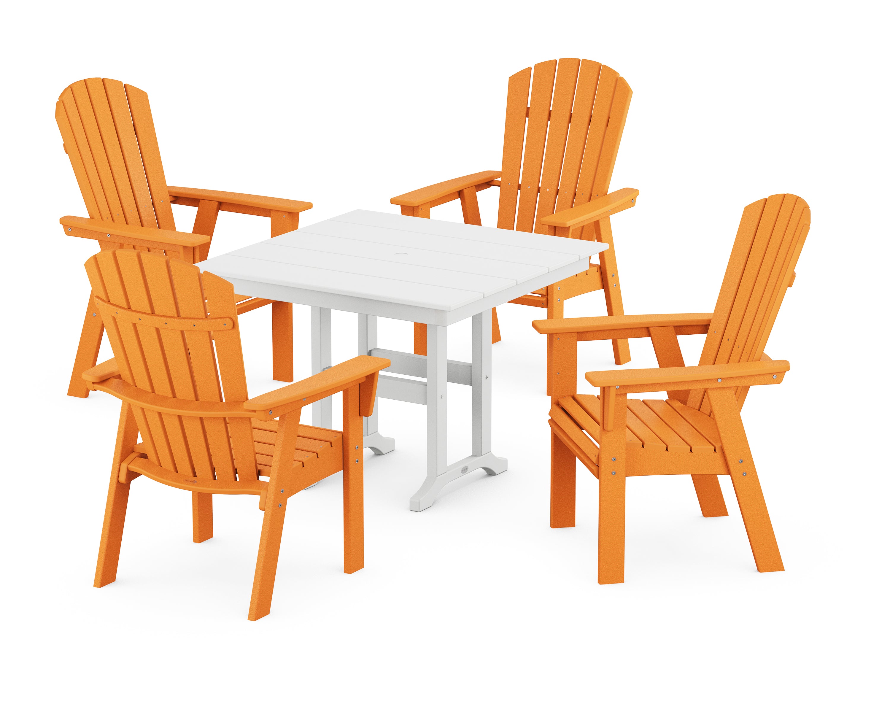 POLYWOOD® Nautical Curveback Adirondack 5-Piece Farmhouse Dining Set in Tangerine / White