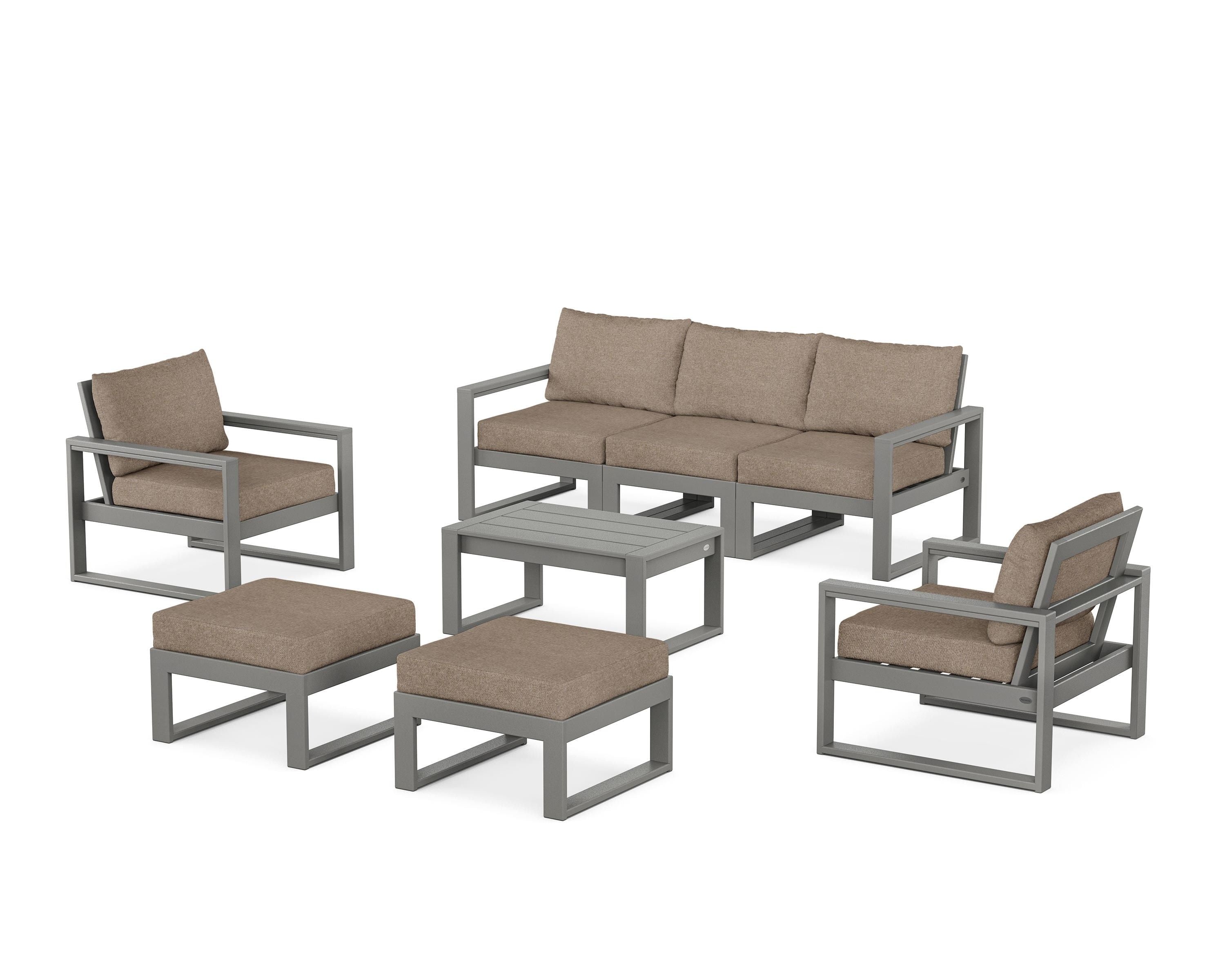 POLYWOOD EDGE Sectional 8-Piece Lounge Sofa Set in Slate Grey / Spiced Burlap