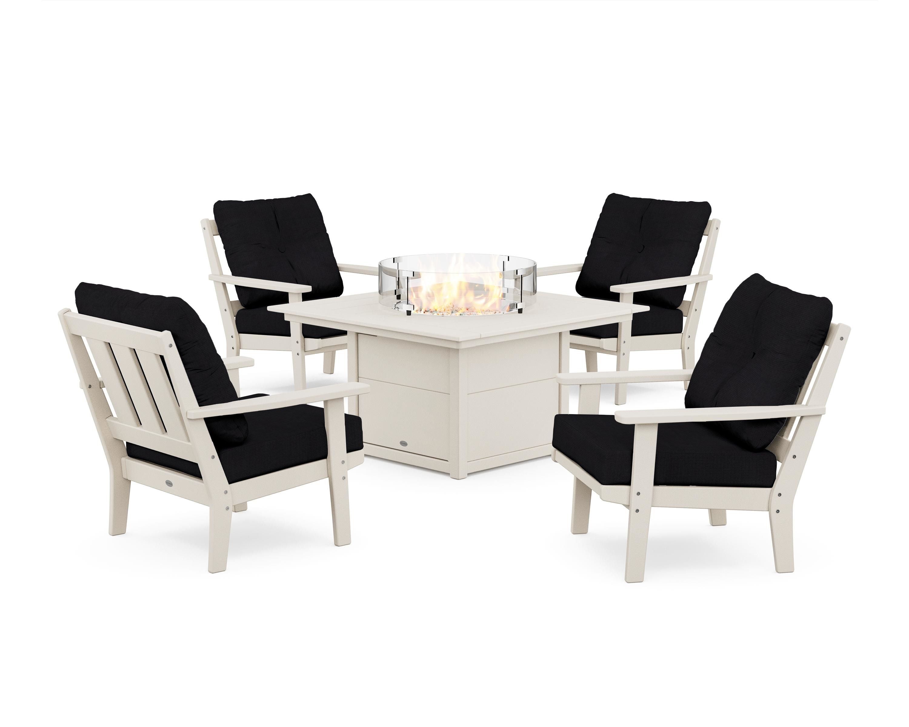 POLYWOOD Oxford 5-Piece Deep Seating Set with Fire Pit Table in Sand / Midnight Linen