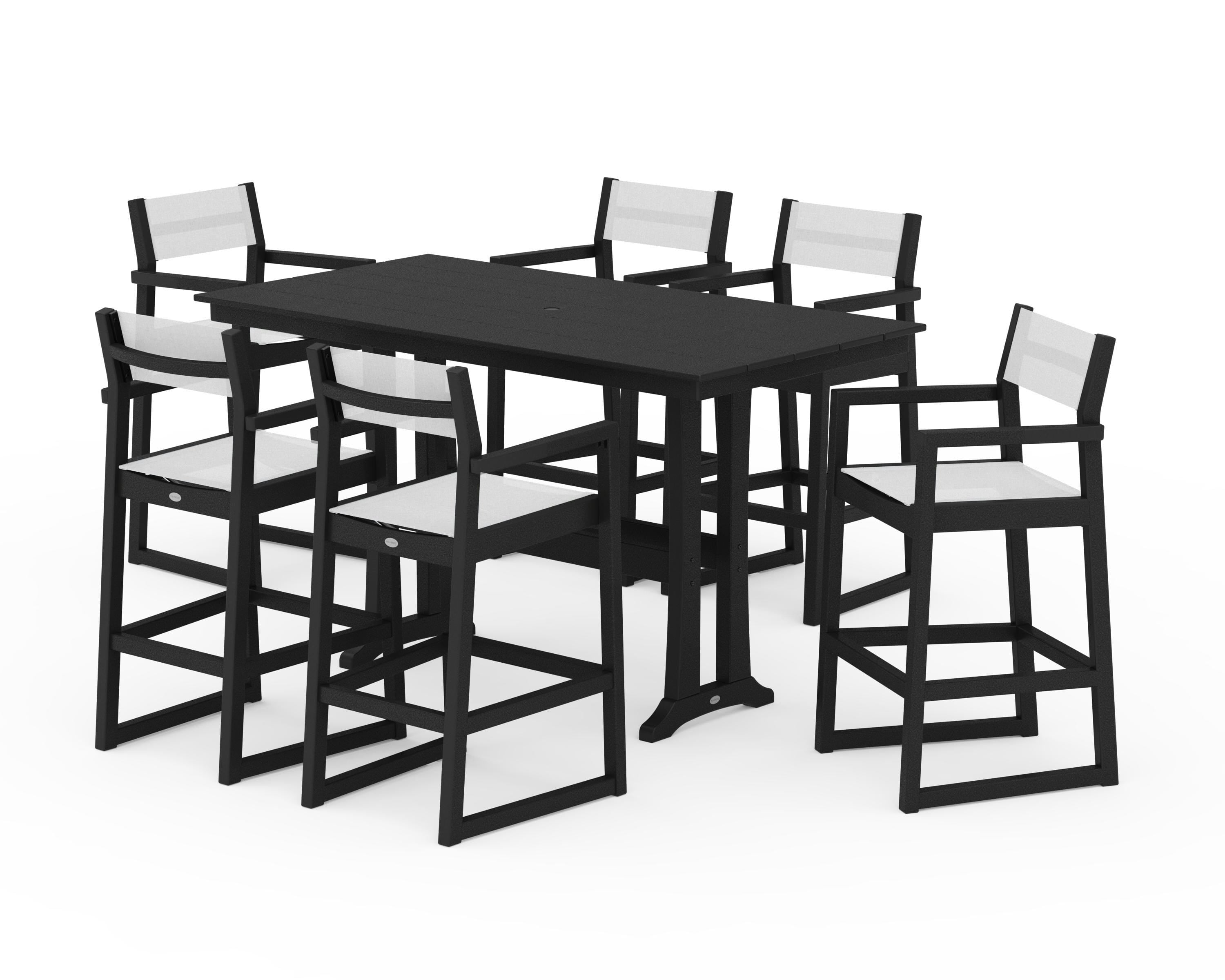 POLYWOOD EDGE Sling Arm Chair 7-Piece Farmhouse Bar Set with Trestle Legs in Black / White Sling