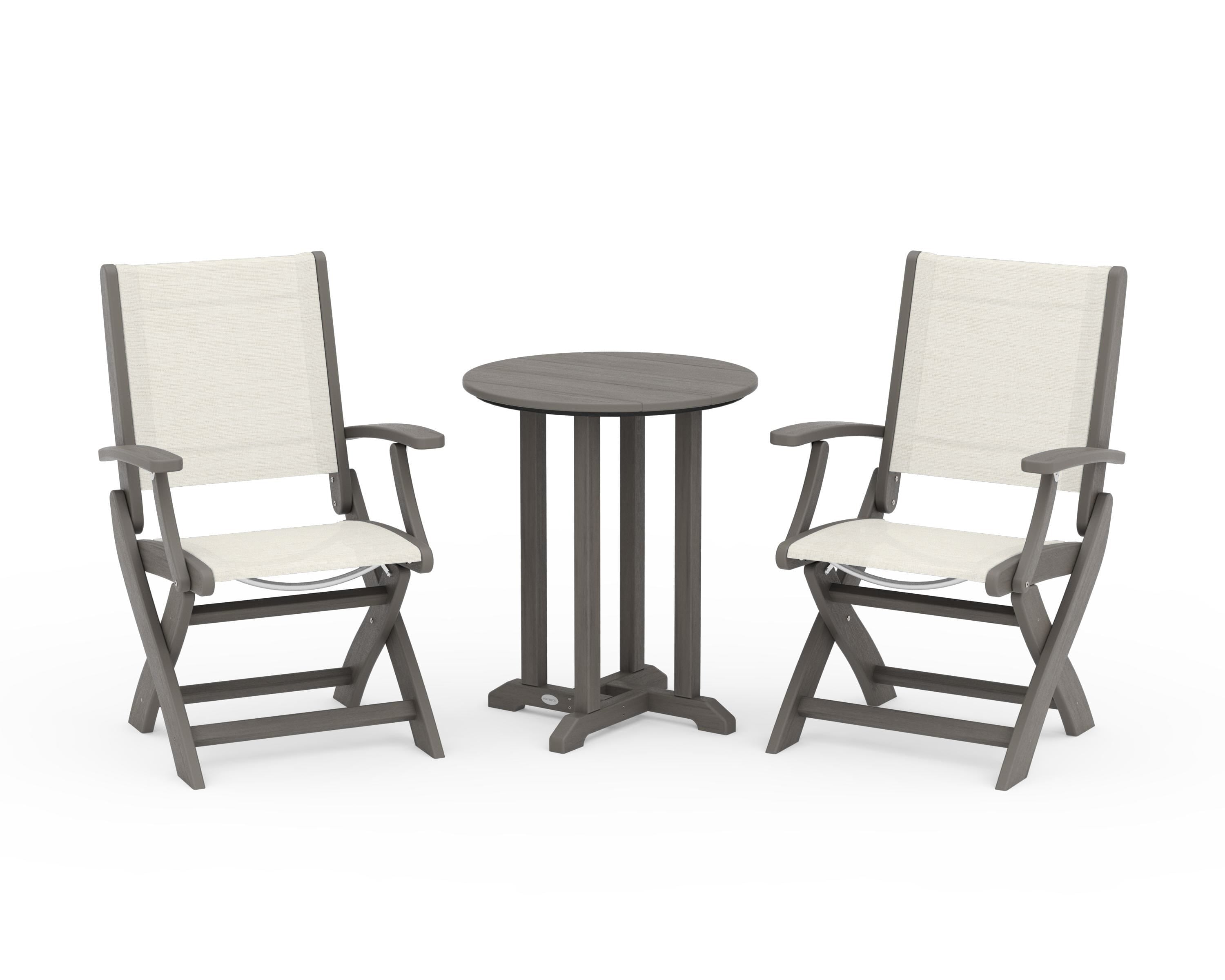 POLYWOOD Coastal Folding 3-Piece Round Bistro Dining Set in Driftwood / Parchment Sling