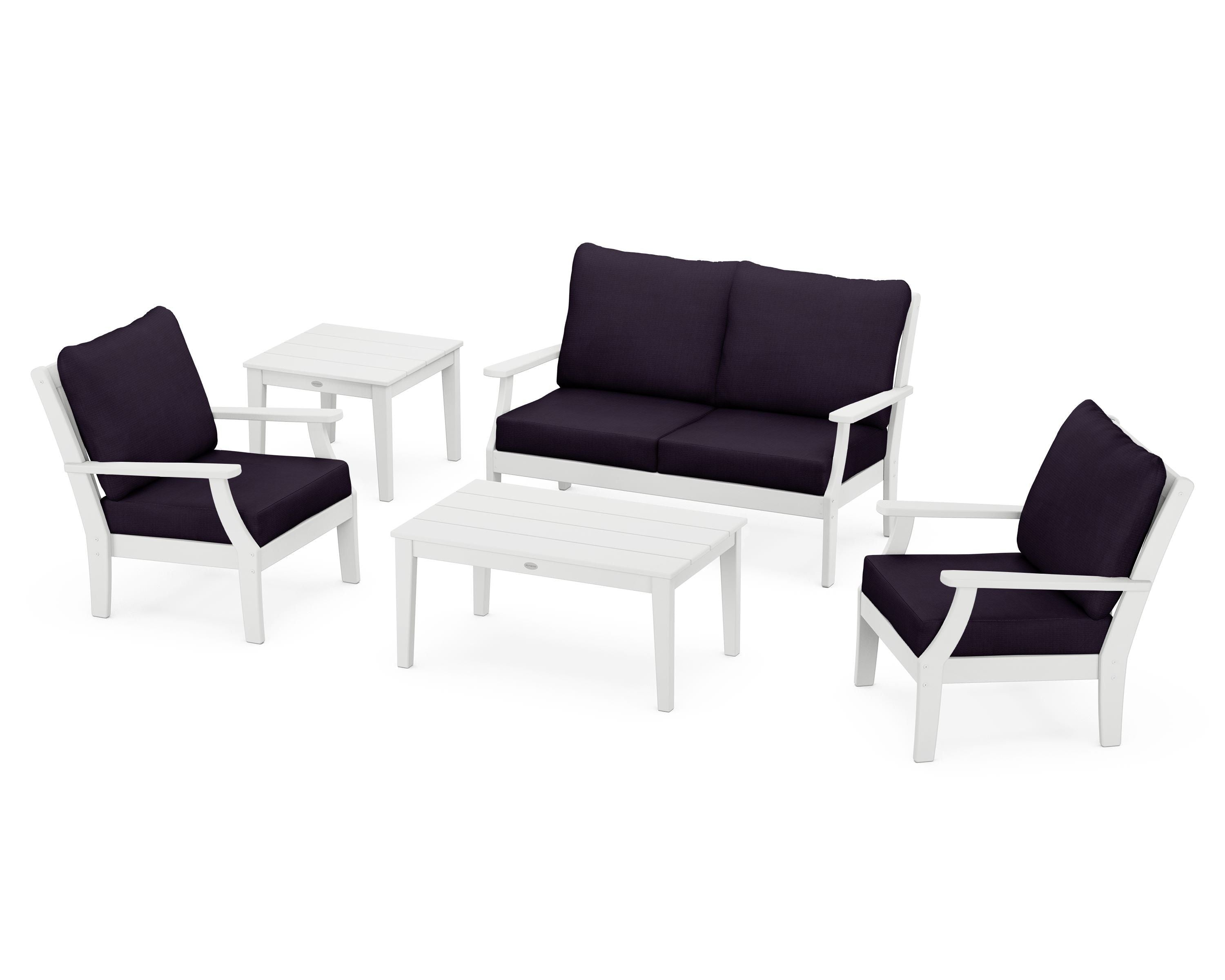 POLYWOOD Braxton 5-Piece Deep Seating Set in White / Navy Linen