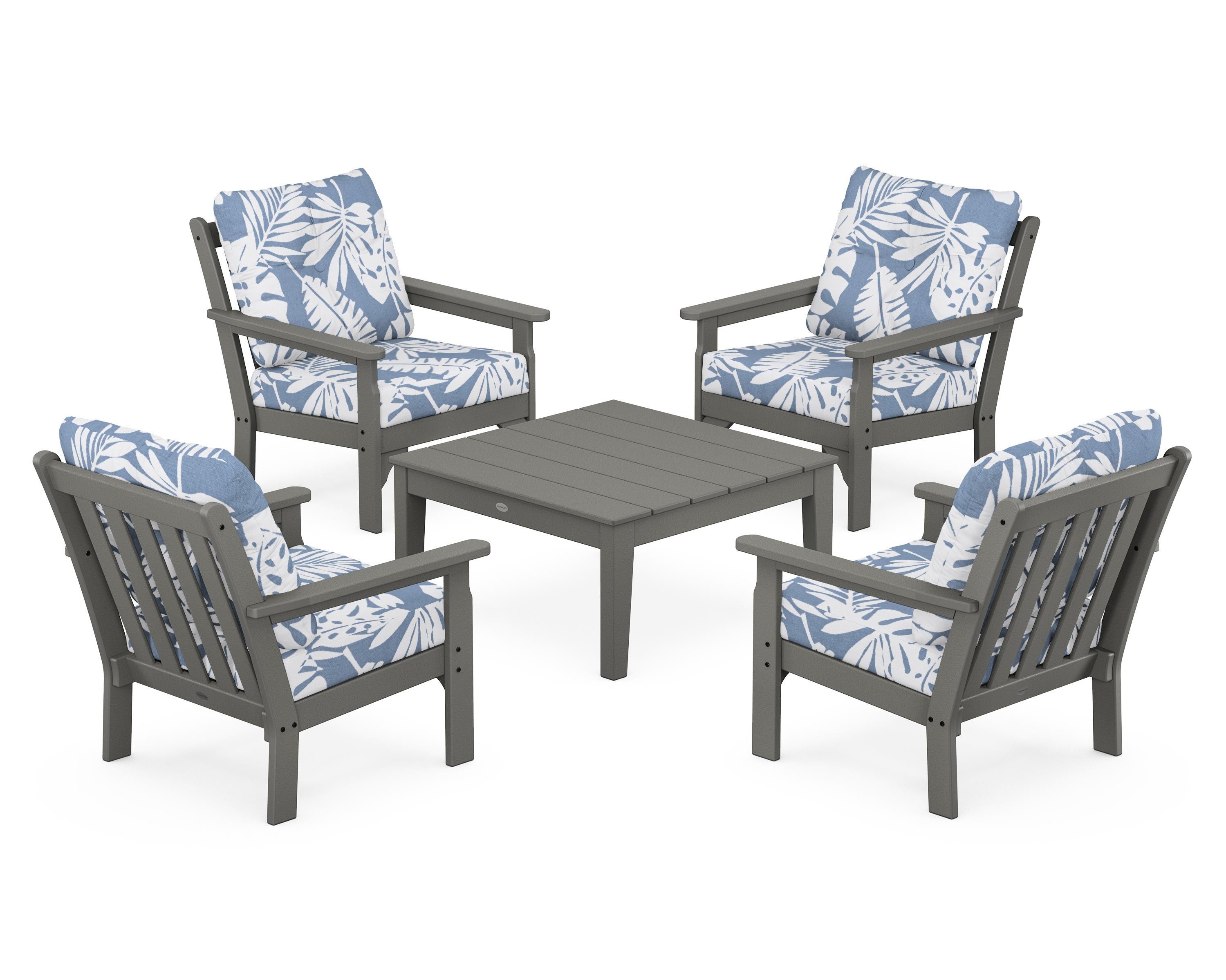 POLYWOOD Vineyard 5-Piece Deep Seating Conversation Set in Slate Grey / Leaf Sky Blue