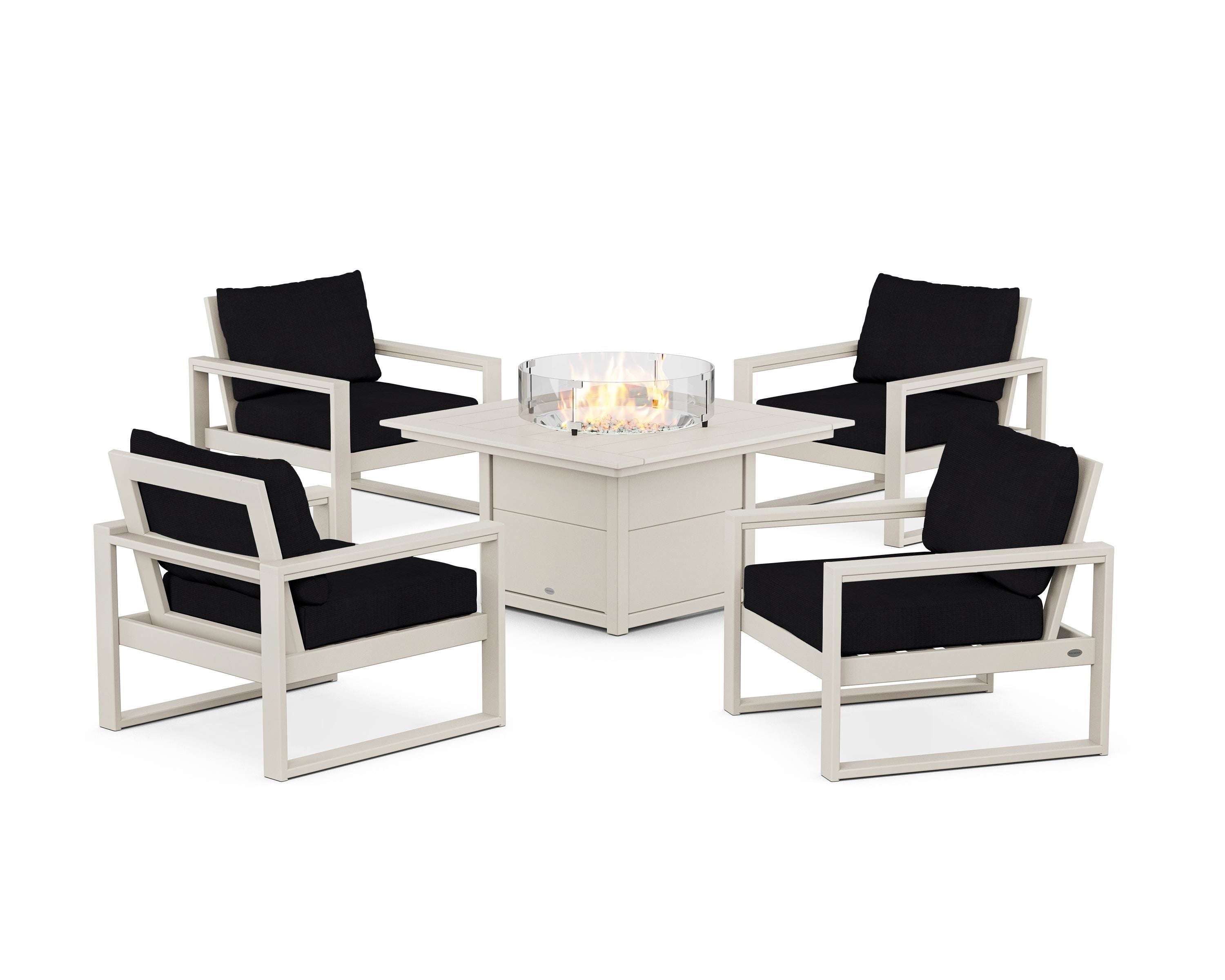 POLYWOOD EDGE Sectional 5-Piece Deep Seating Set with Fire Pit Table in Sand / Midnight Linen