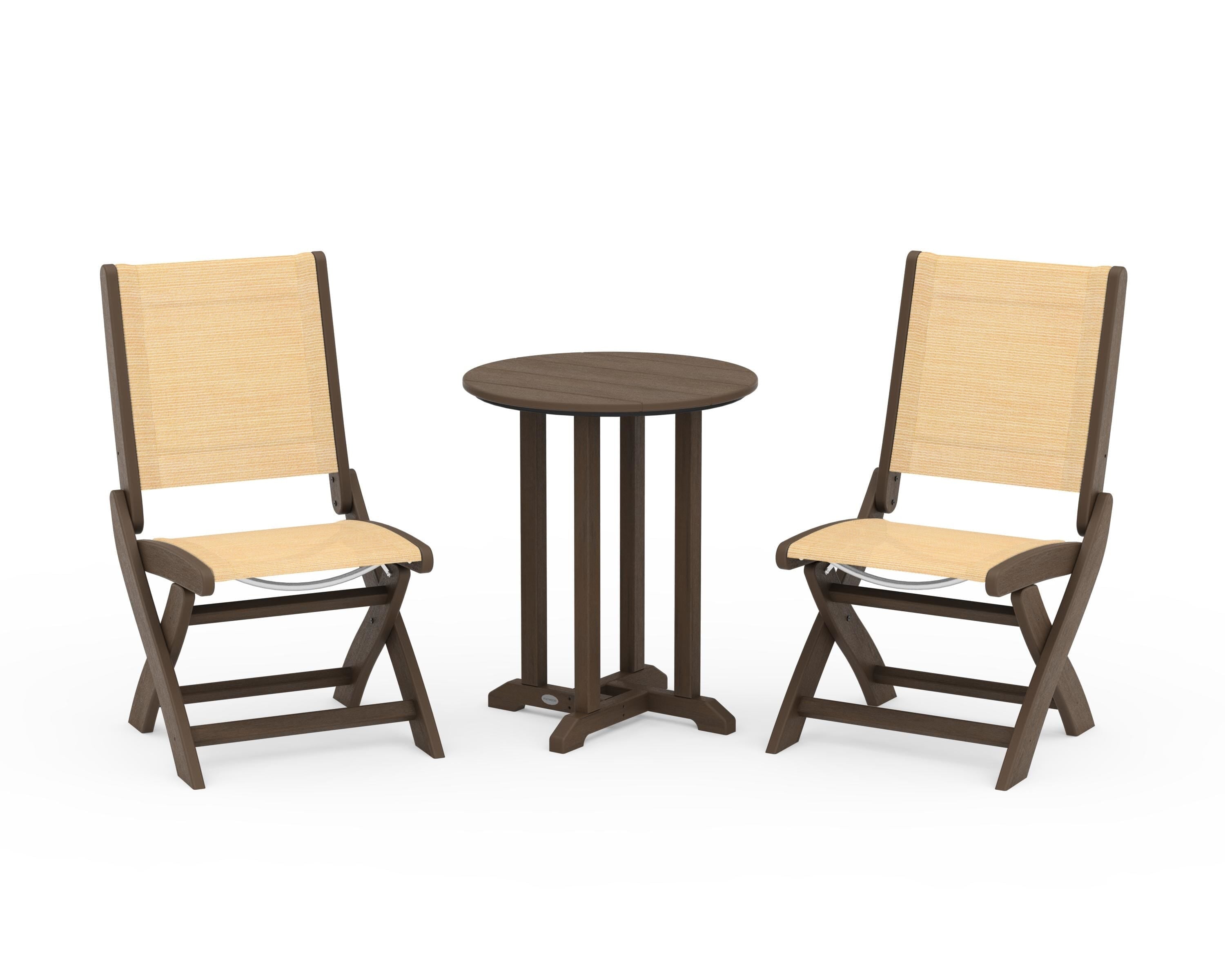 POLYWOOD Coastal Folding Side Chair 3-Piece Round Bistro Dining Set in Kona / Dupioni Apricot Sling