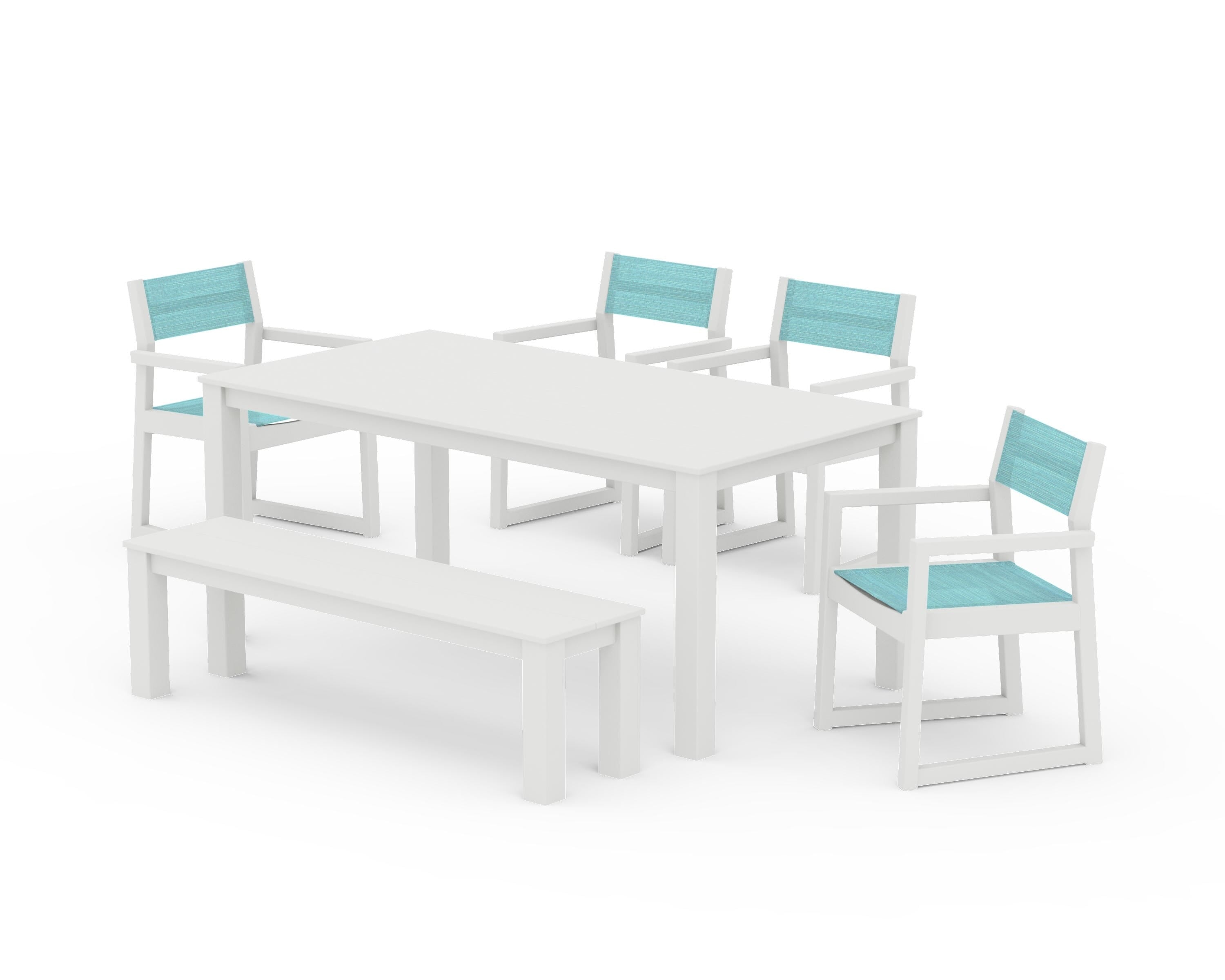 POLYWOOD EDGE Sling Arm Chair 6-Piece Parsons Dining Set with Bench in Vintage White / Dupioni Aquamarine Sling
