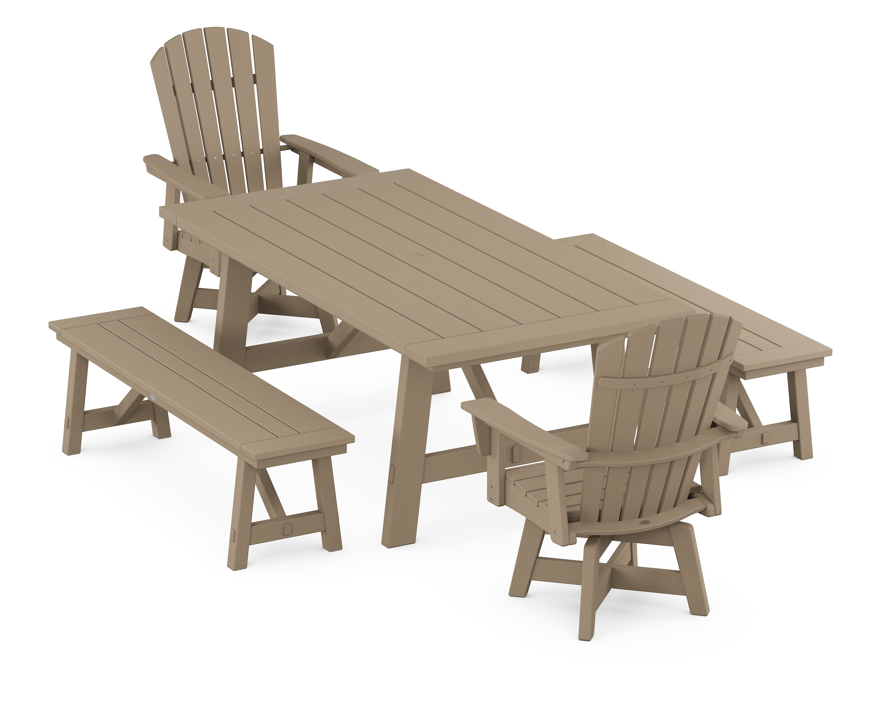 POLYWOOD® Nautical Curveback Adirondack Swivel Chair 5-Piece Rustic Farmhouse Dining Set With Benches in Vintage Sahara