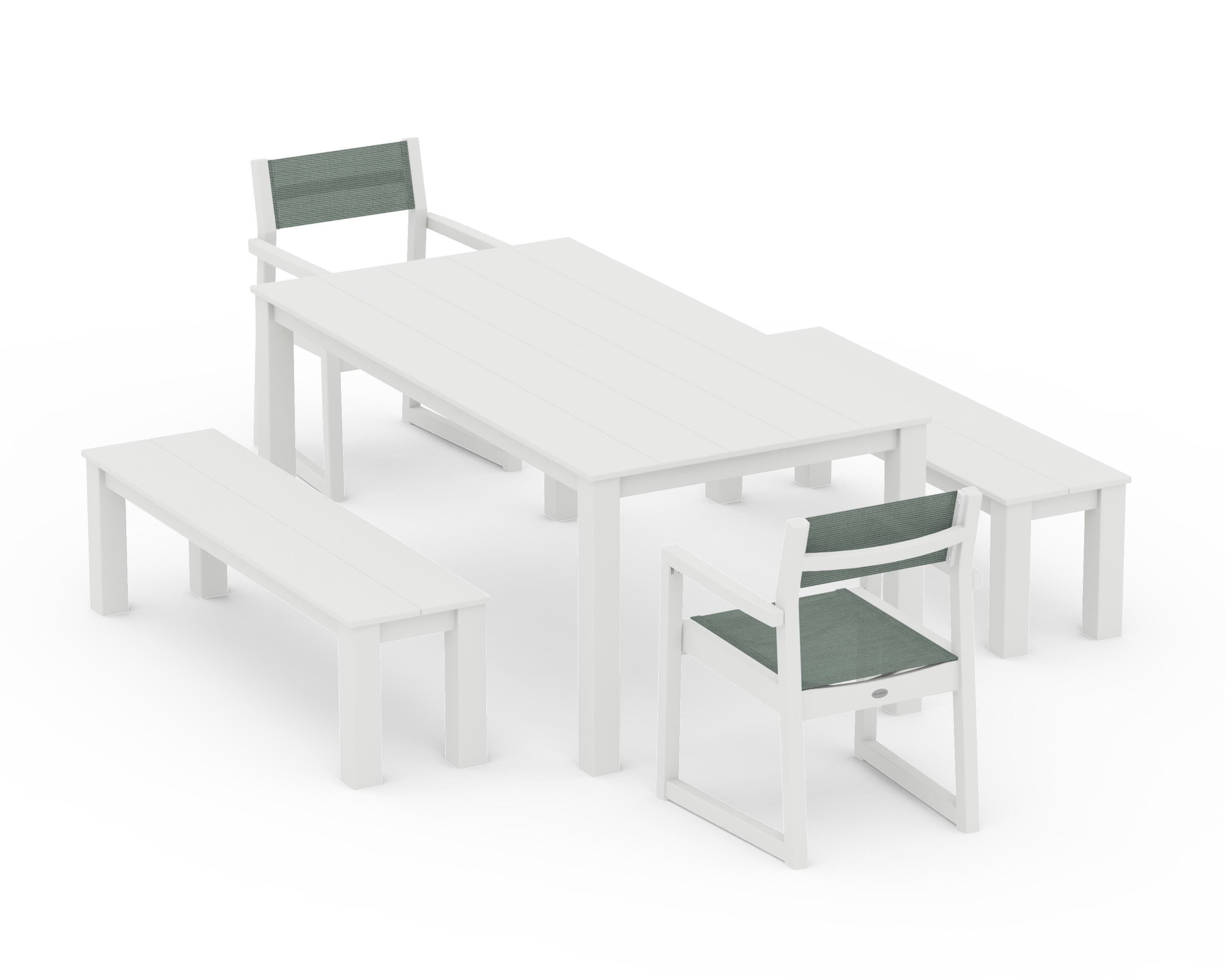 POLYWOOD EDGE Sling Arm Chair 5-Piece Parsons Dining Set with Benches in Vintage White / Dupioni Sea Mist Sling
