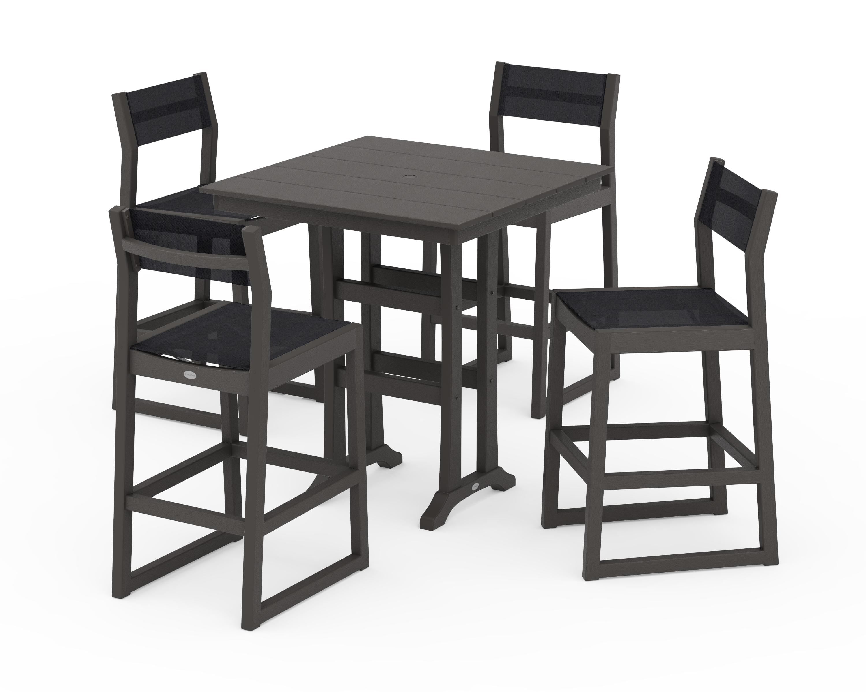 POLYWOOD EDGE Sling Arm Chair 5-Piece Farmhouse Bar Set with Trestle Legs in Vintage Coffee / Black Sling