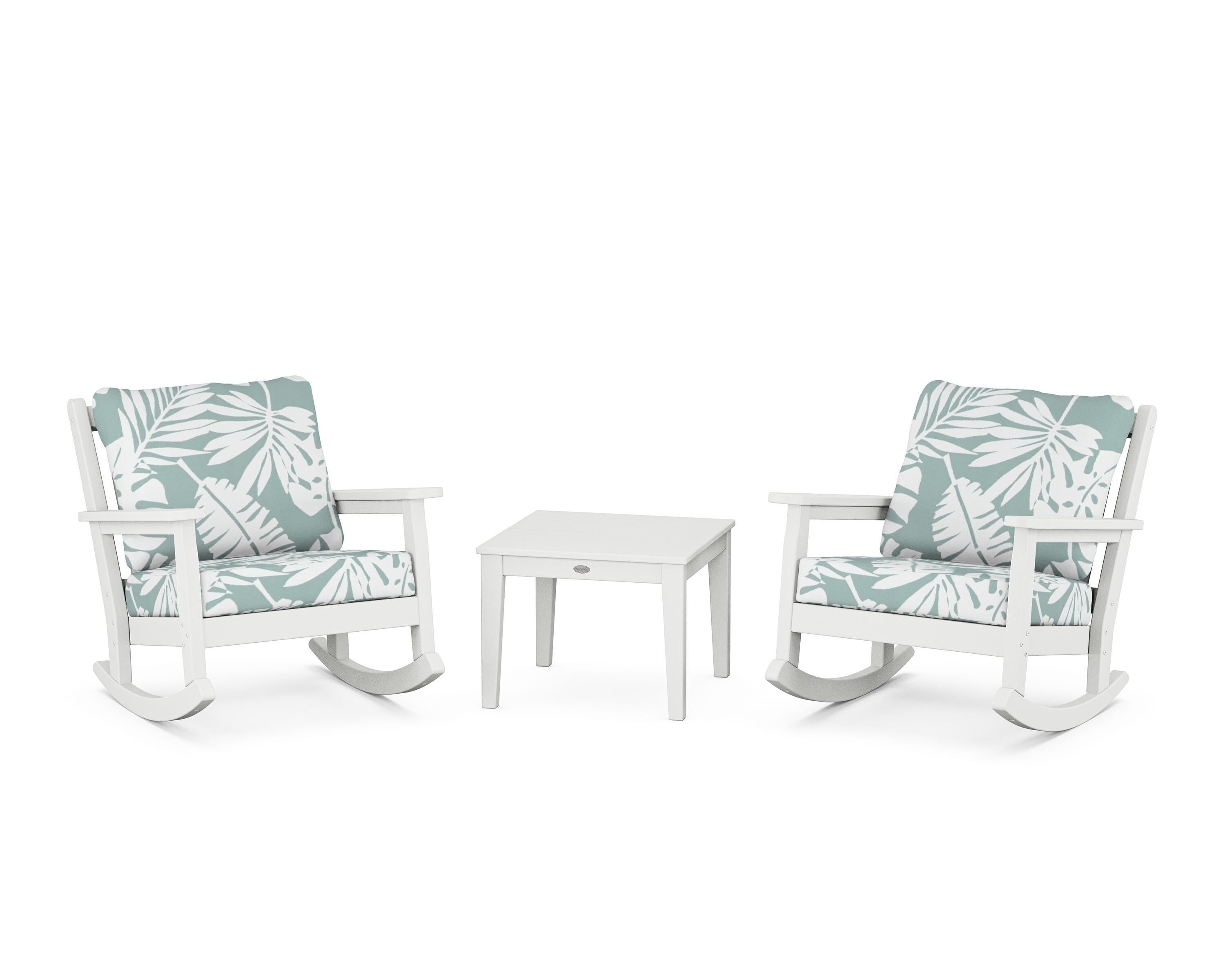 POLYWOOD Chippendale 3-Piece Deep Seating Rocker Set in White / Leaf Glacier Spa