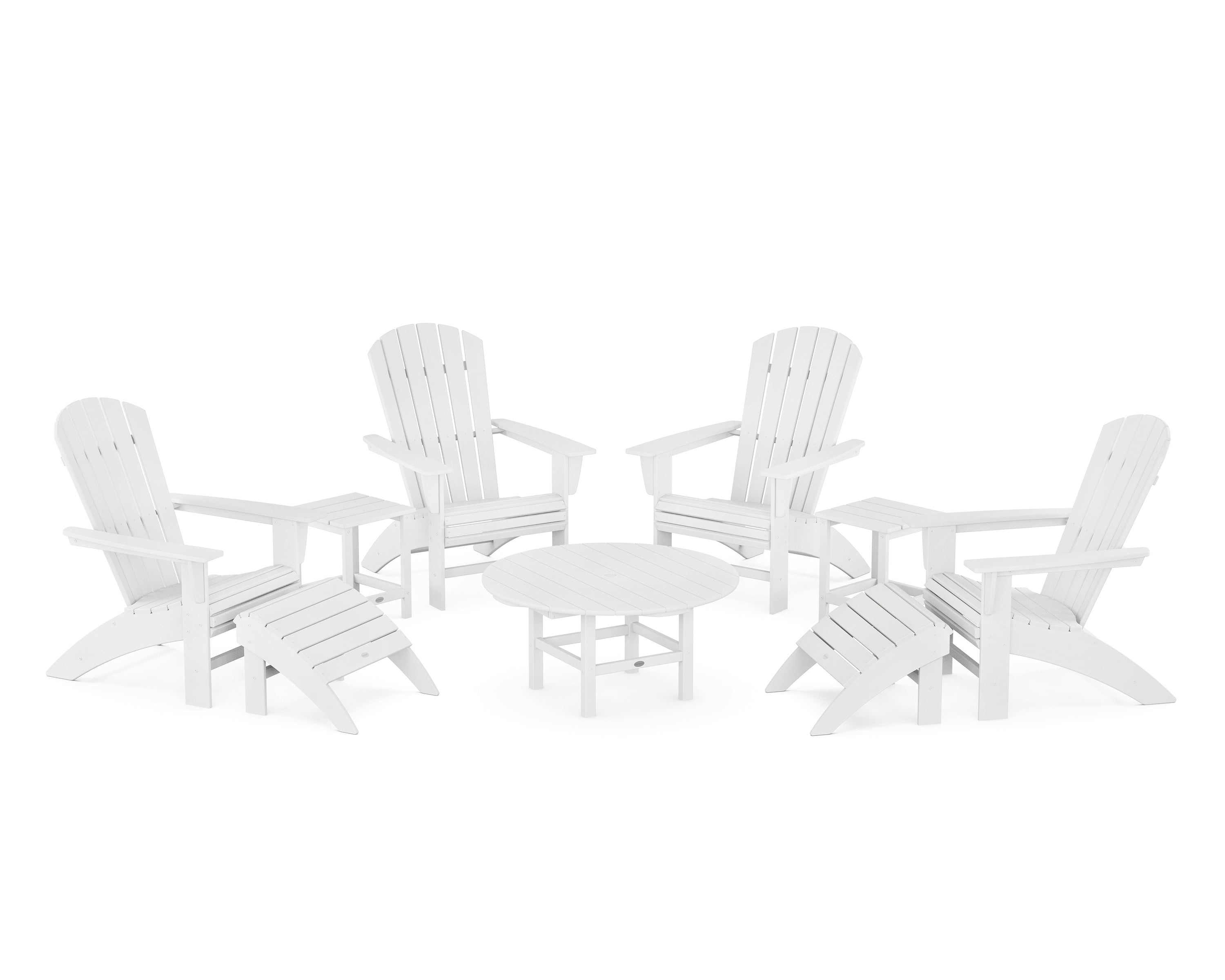 POLYWOOD® Nautical Curveback Adirondack Chair 9-Piece Conversation Set in White