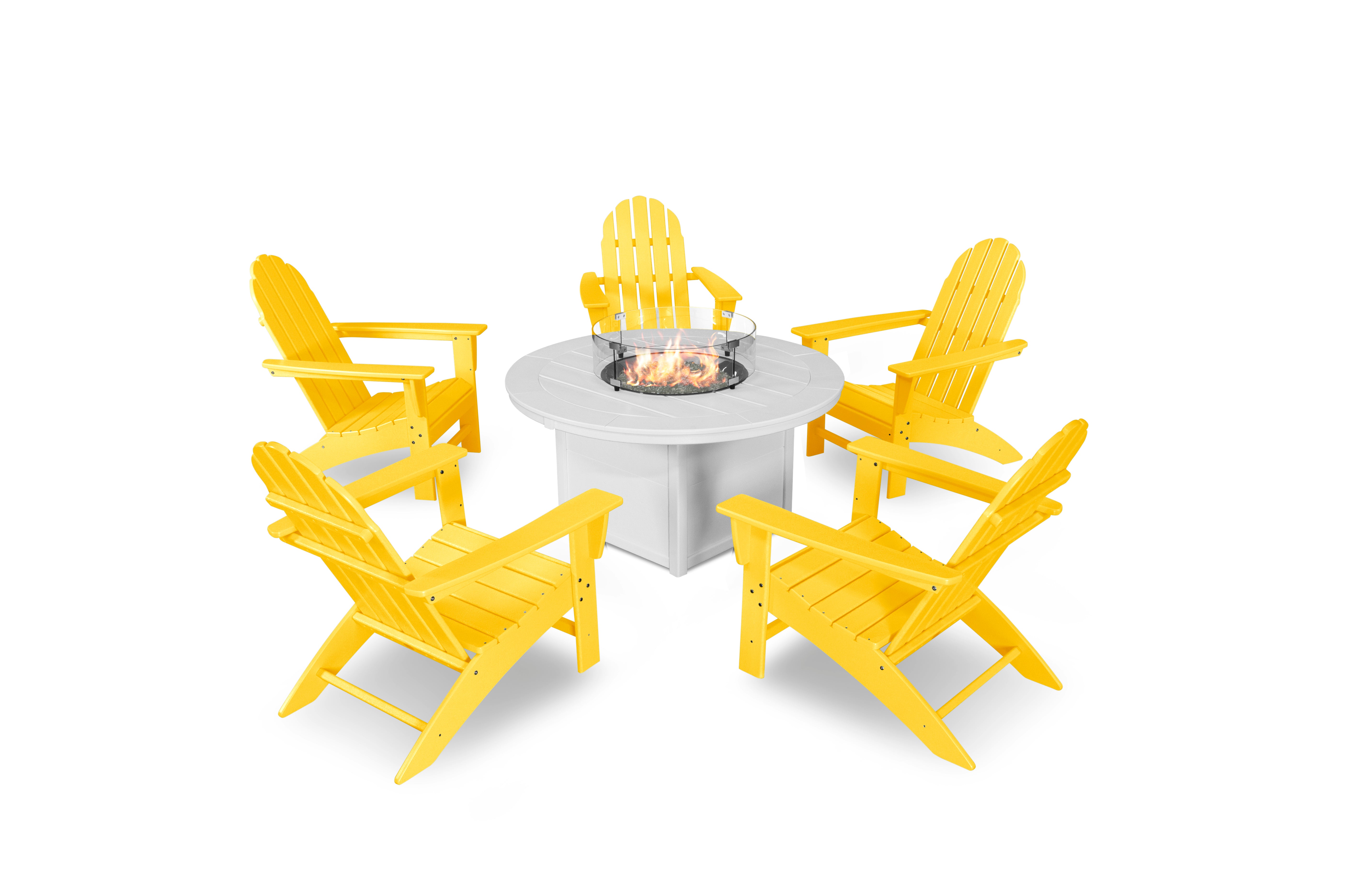 POLYWOOD® Vineyard Adirondack 6-Piece Chat Set with Fire Pit Table in Lemon / White