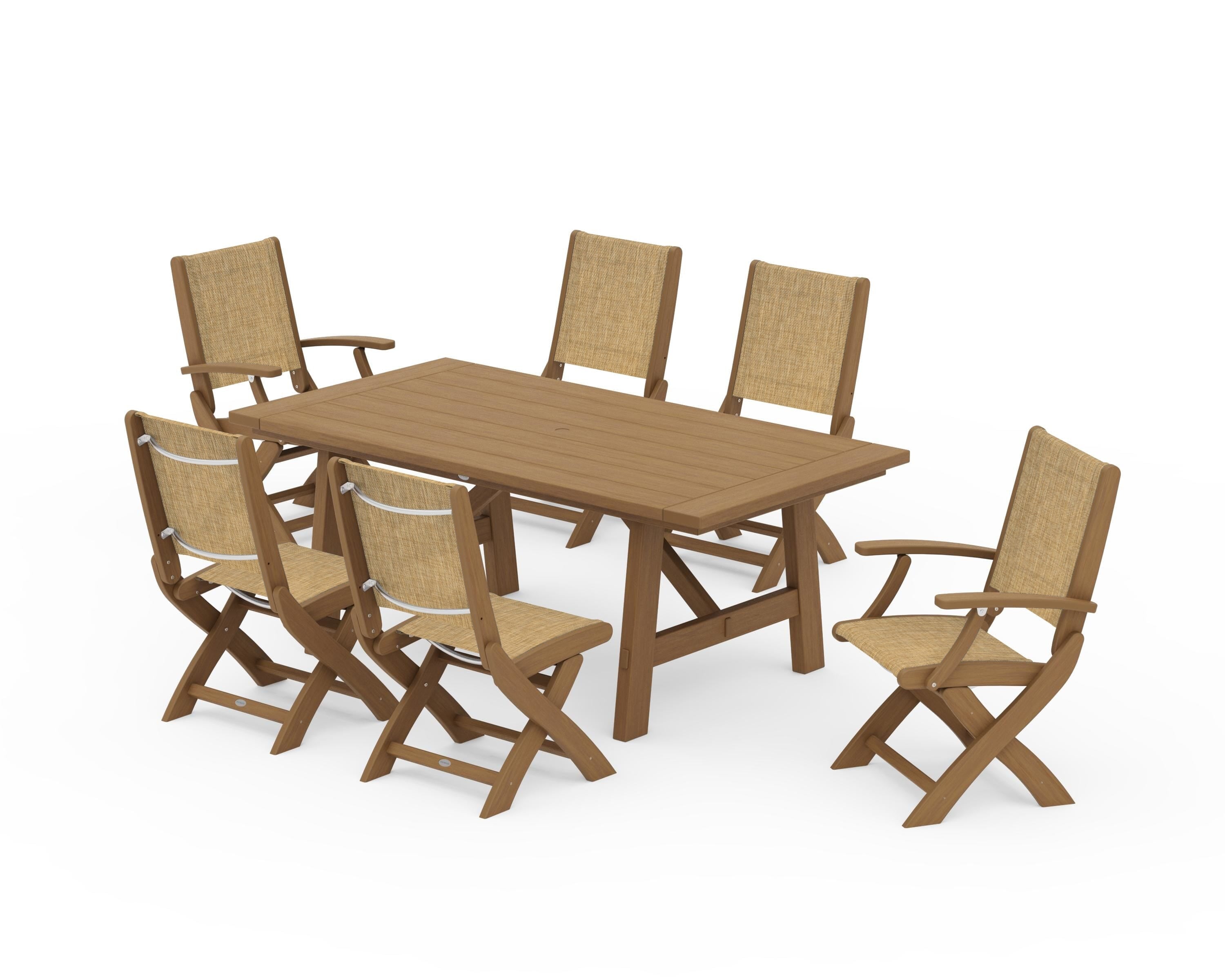 POLYWOOD Coastal Folding Chair 7-Piece Rustic Farmhouse Dining Set in Natural / Burlap Sling