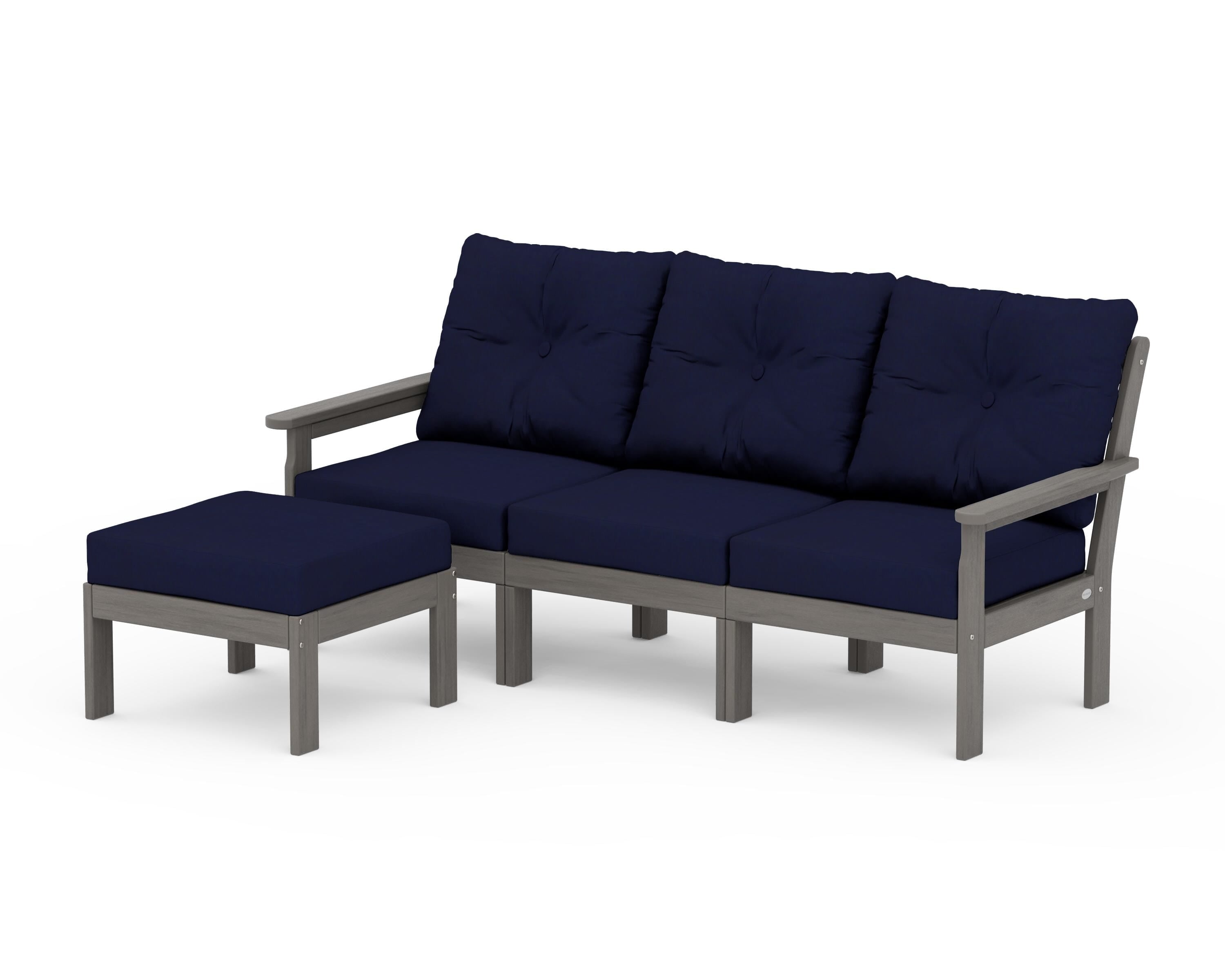 POLYWOOD Vineyard 4-Piece Sectional with Ottoman in Driftwood / Navy
