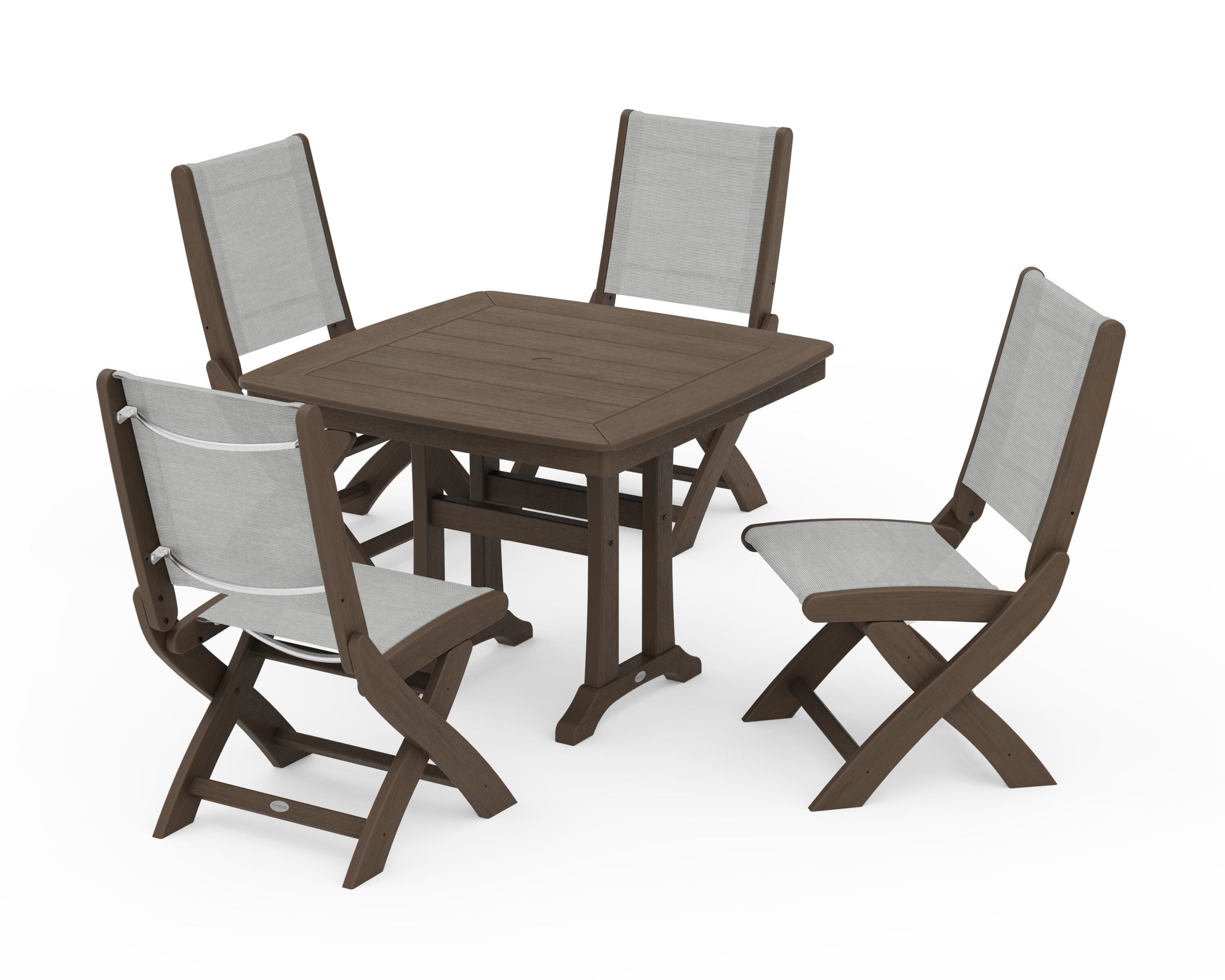 POLYWOOD Coastal Folding Side Chair 5-Piece Dining Set with Trestle Legs in Kona / Metallic Sling