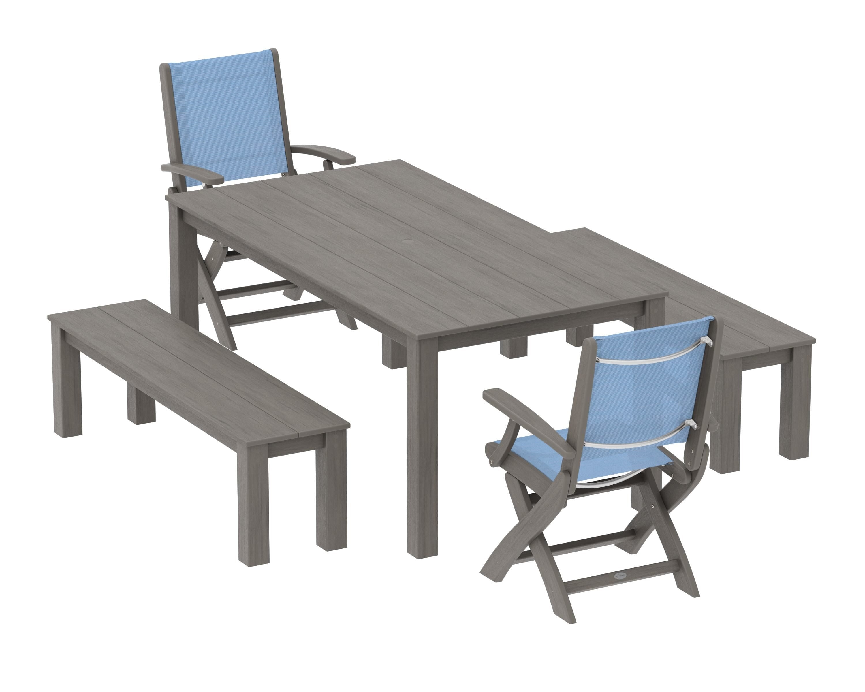 POLYWOOD Coastal Folding Chair 5-Piece Parsons Dining Set with Benches in Driftwood / Poolside Sling