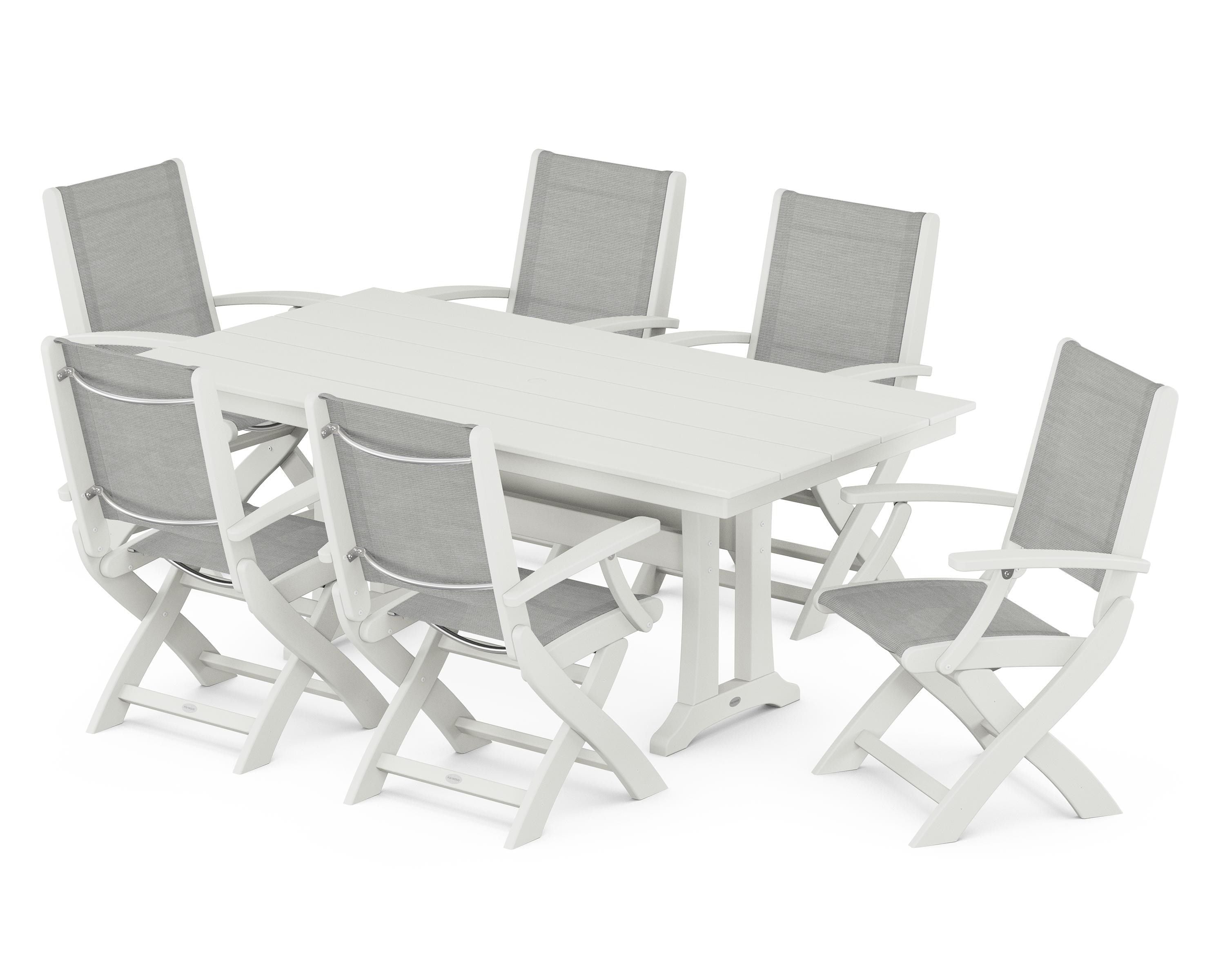 POLYWOOD Coastal Folding Arm Chair 7-Piece Farmhouse Dining Set with Trestle Legs in Vintage White / Metallic Sling