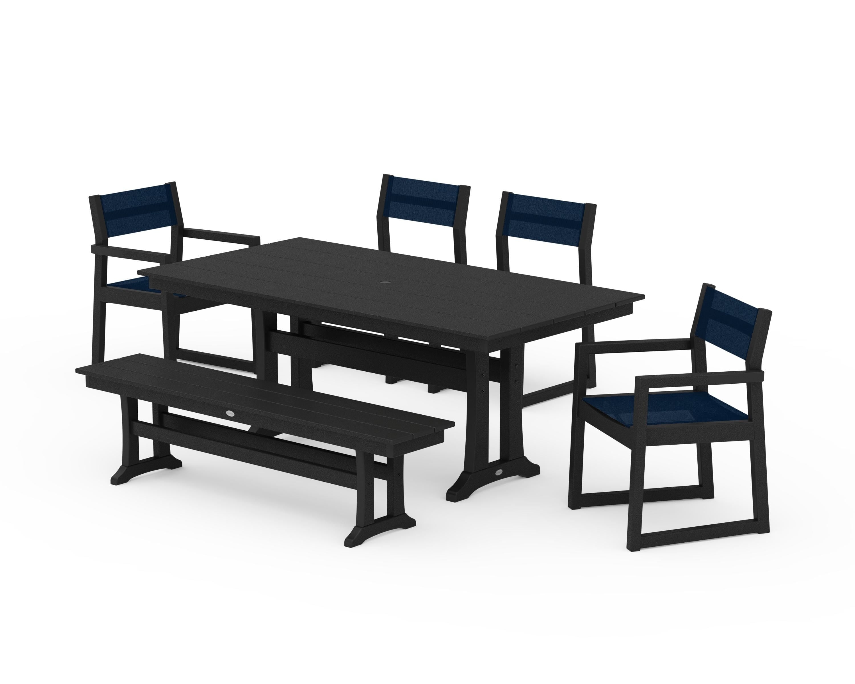 POLYWOOD EDGE Sling 6-Piece Farmhouse Dining Set With Trestle Legs in Black / Navy Blue Sling