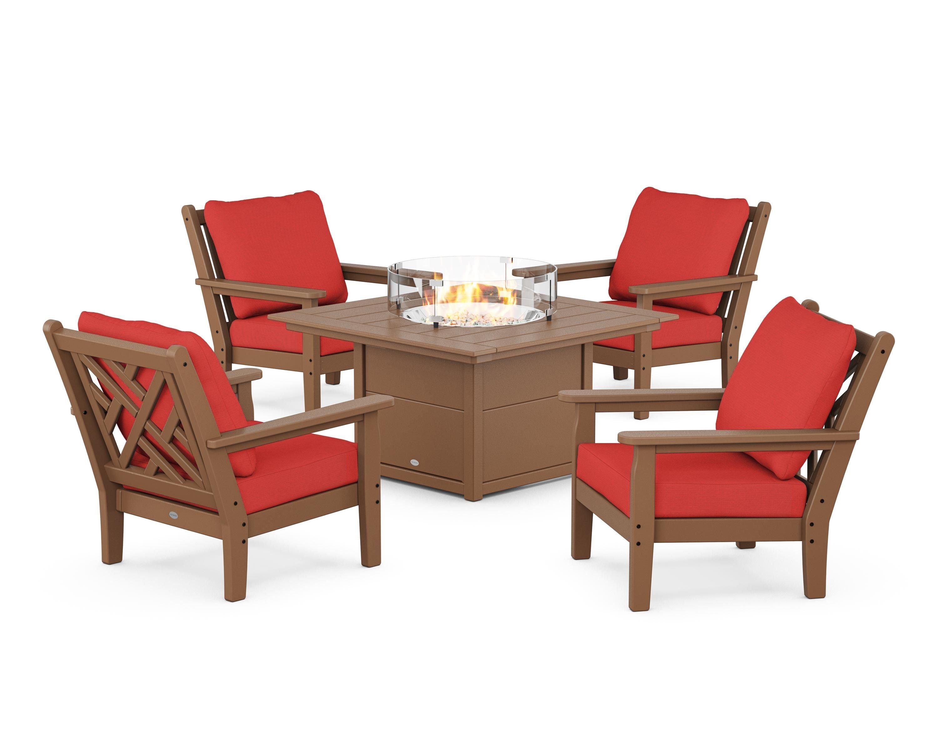 POLYWOOD Chippendale 5-Piece Deep Seating Set with Fire Pit Table in Teak / Crimson Linen