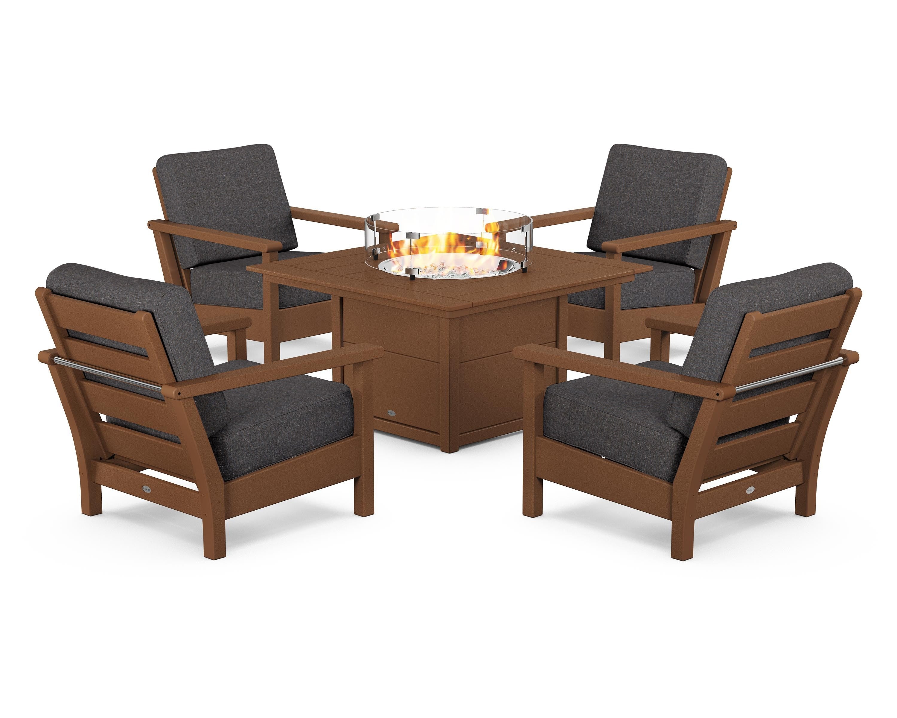 POLYWOOD Harbour 5-Piece Conversation Set with Fire Pit Table in Teak / Ash Charcoal