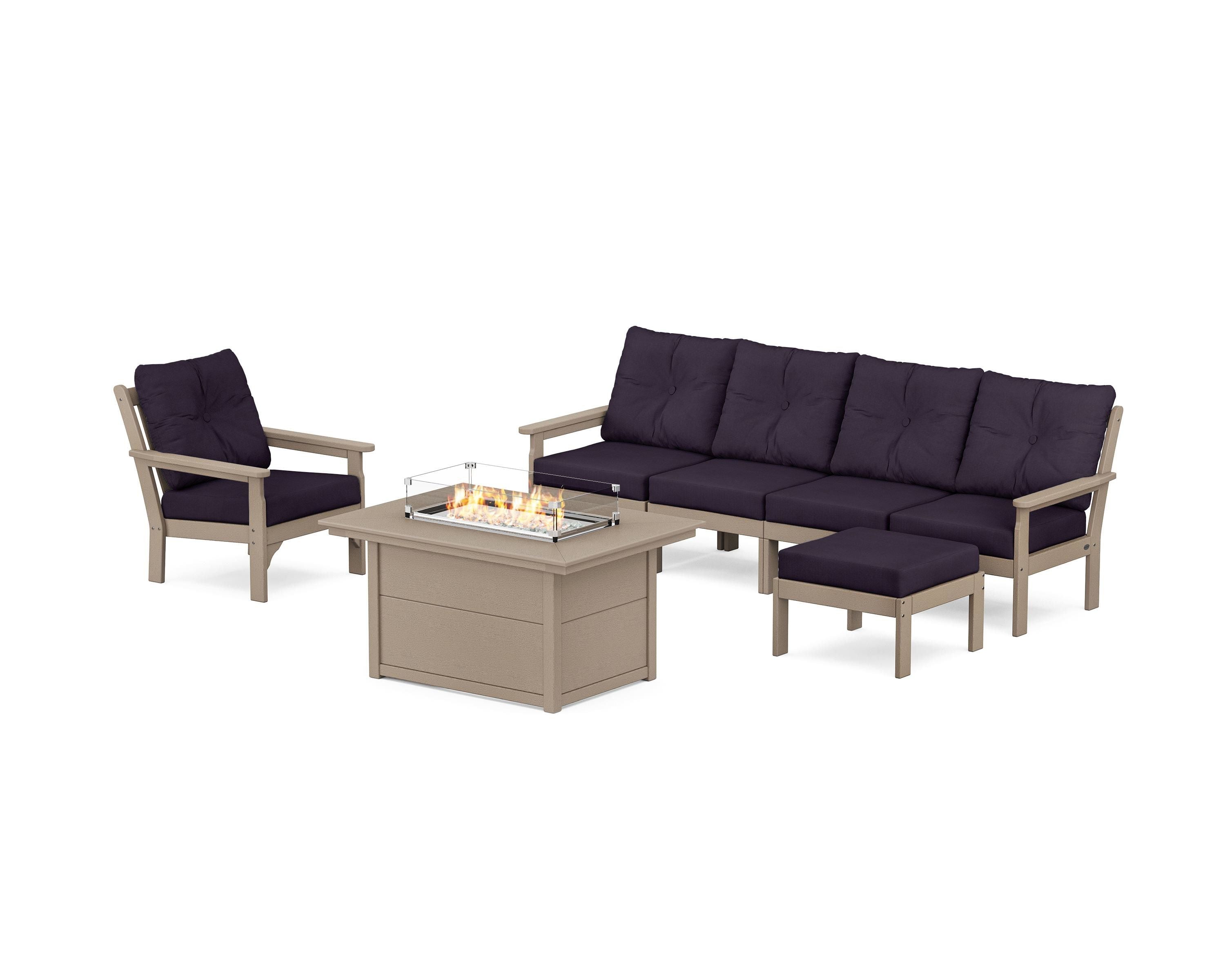 POLYWOOD Vineyard Sectional Lounge and Fire Pit Set in Vintage Sahara / Navy Linen