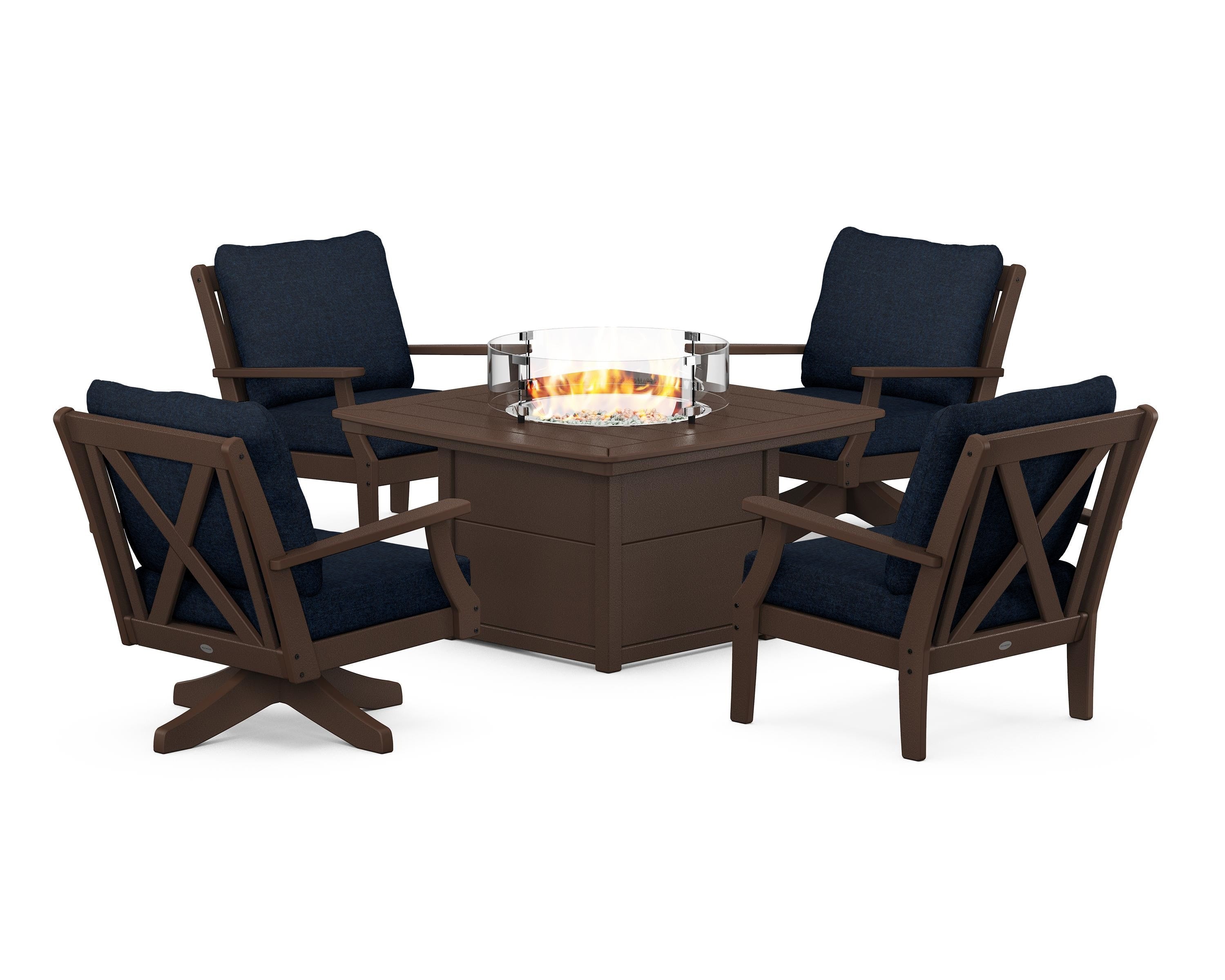 POLYWOOD Braxton 5-Piece Deep Seating Set with Fire Table in Mahogany / Marine Indigo