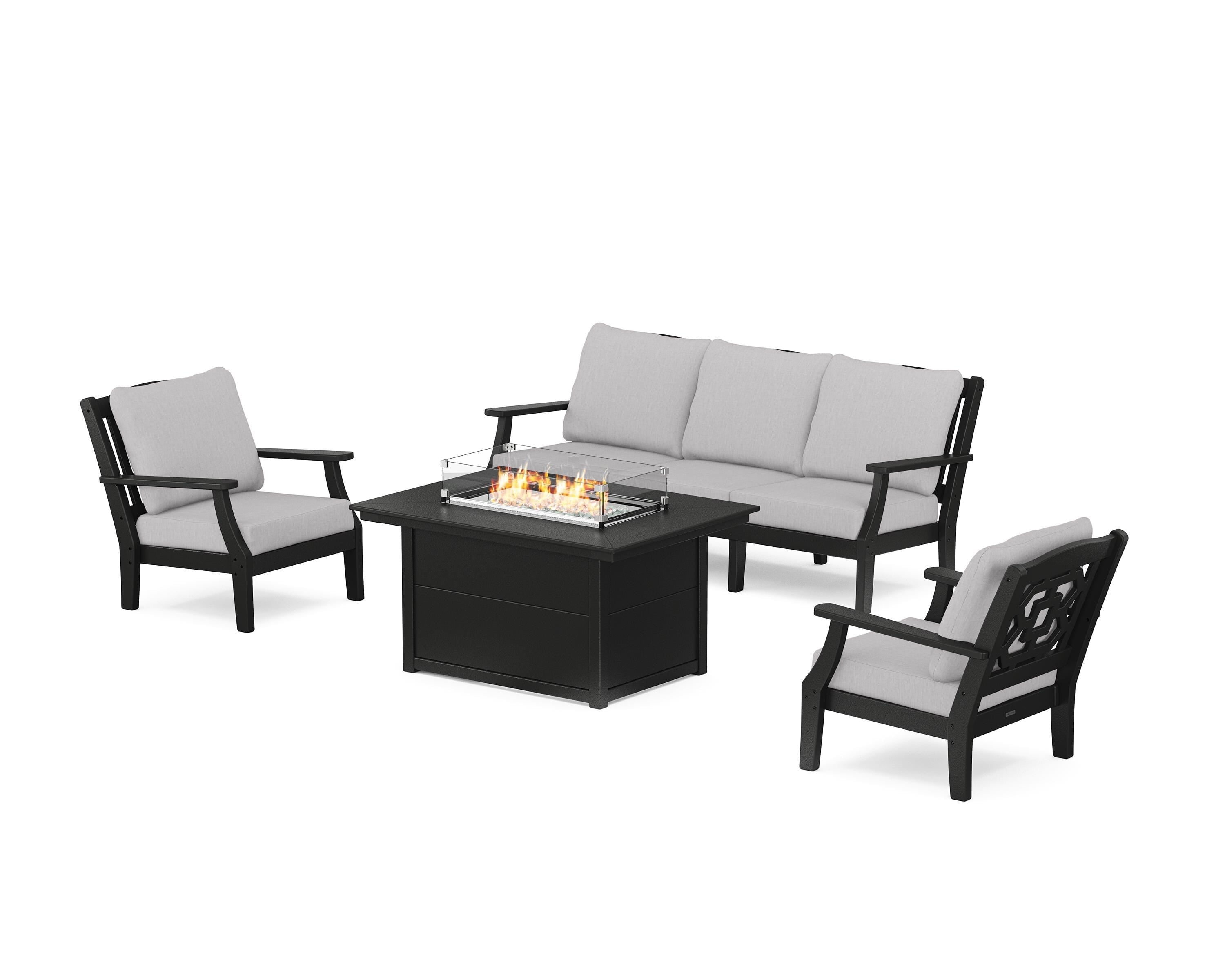 Martha Stewart by POLYWOOD Chinoiserie Deep Seating Fire Pit Table Set in Black / Granite
