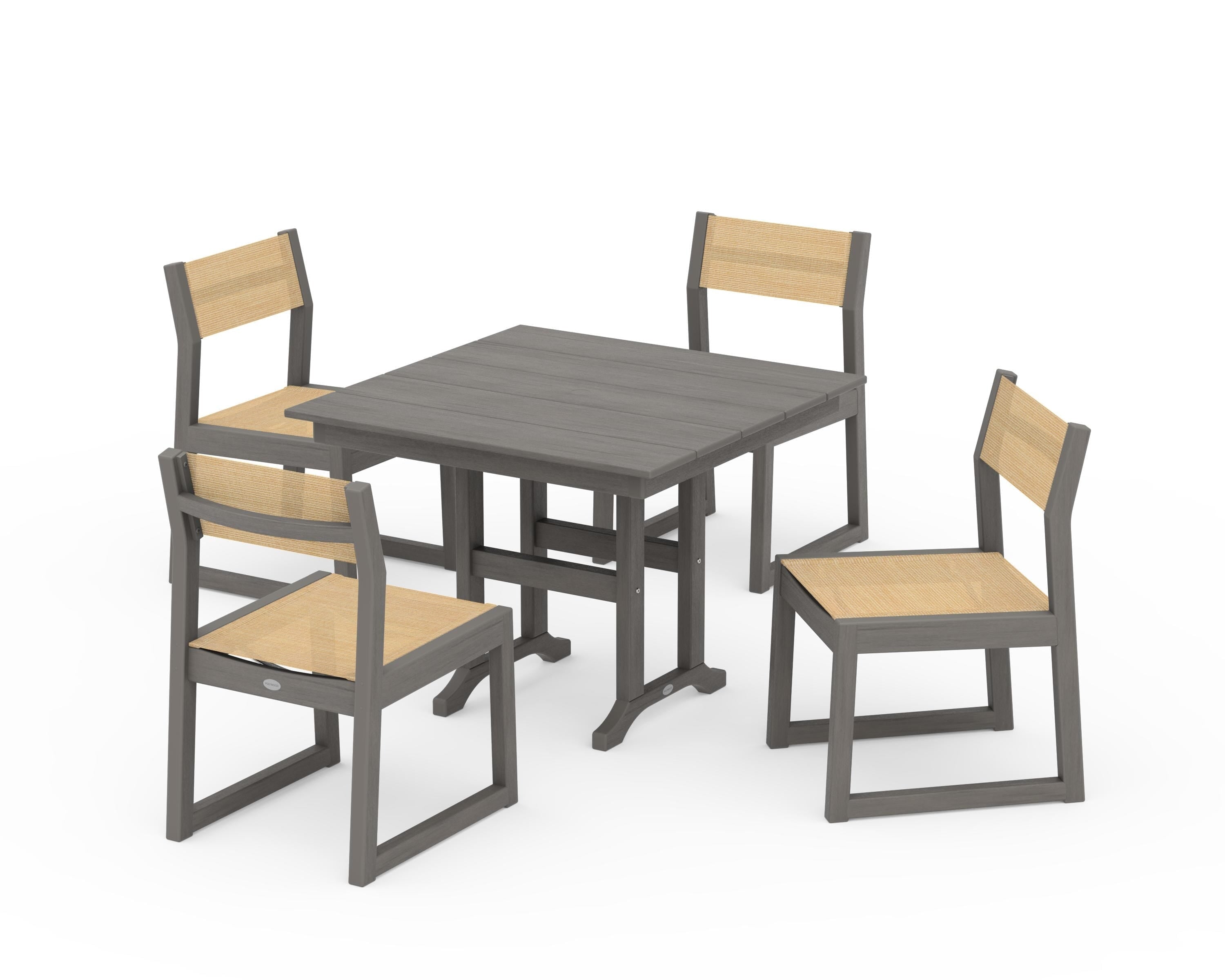 POLYWOOD EDGE Sling Side Chair 5-Piece Farmhouse Dining Set in Driftwood / Dupioni Apricot Sling