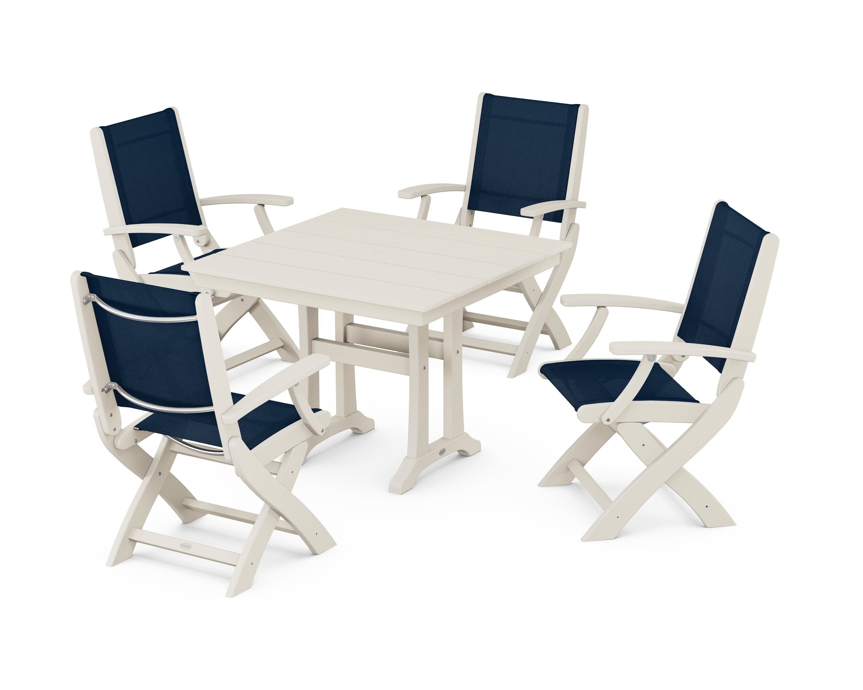 POLYWOOD Coastal Folding Chair 5-Piece Farmhouse Dining Set With Trestle Legs in Sand / Navy Blue Sling
