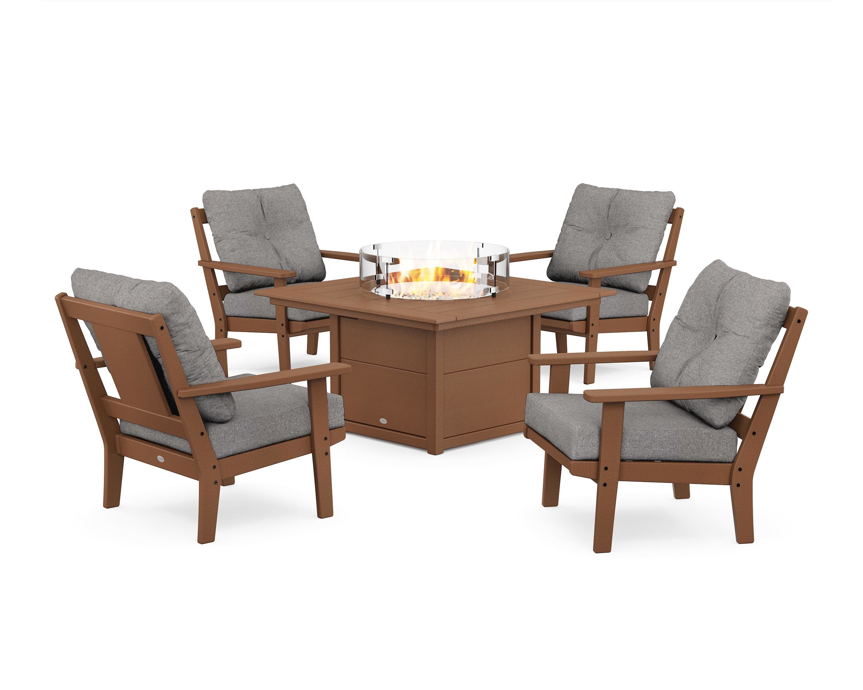 POLYWOOD Prairie 5-Piece Deep Seating Set with Fire Pit Table in Teak / Grey Mist