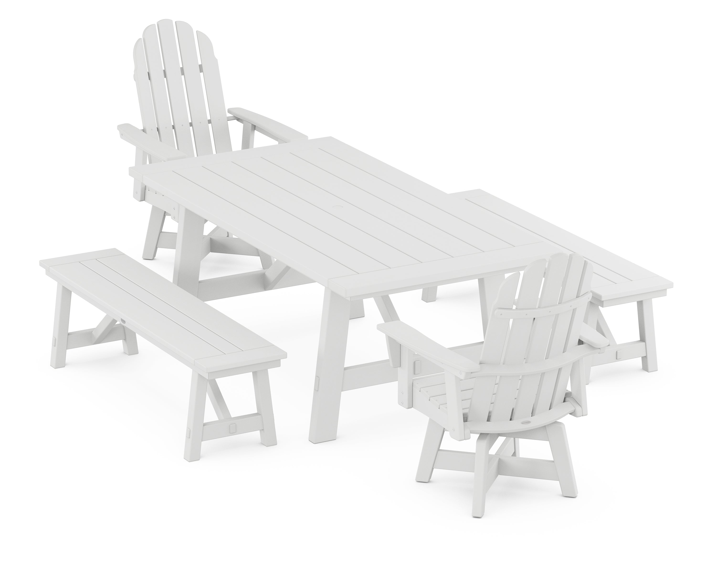 POLYWOOD® VineyardCurveback Adirondack Swivel Chair 5-Piece Rustic Farmhouse Dining Set With Benches in White
