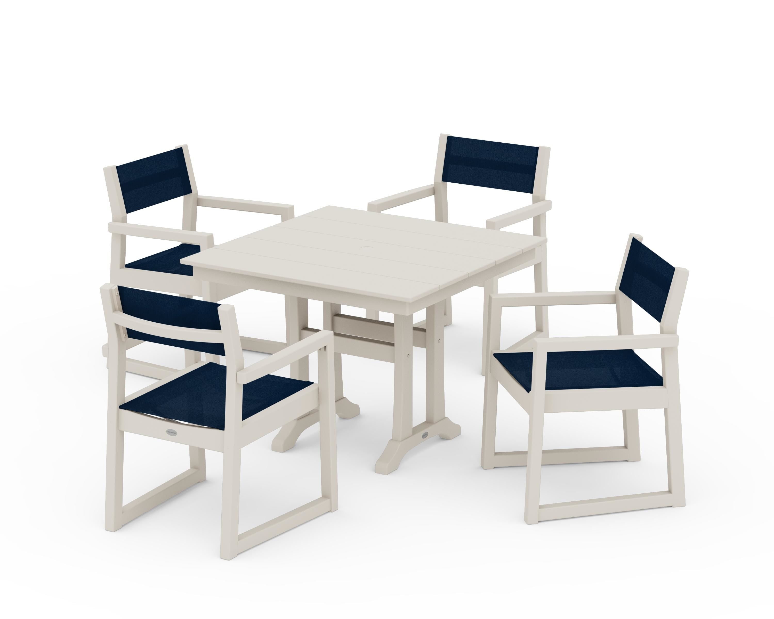 POLYWOOD EDGE Sling 5-Piece Farmhouse Dining Set with Trestle Legs in Sand / Navy Blue Sling
