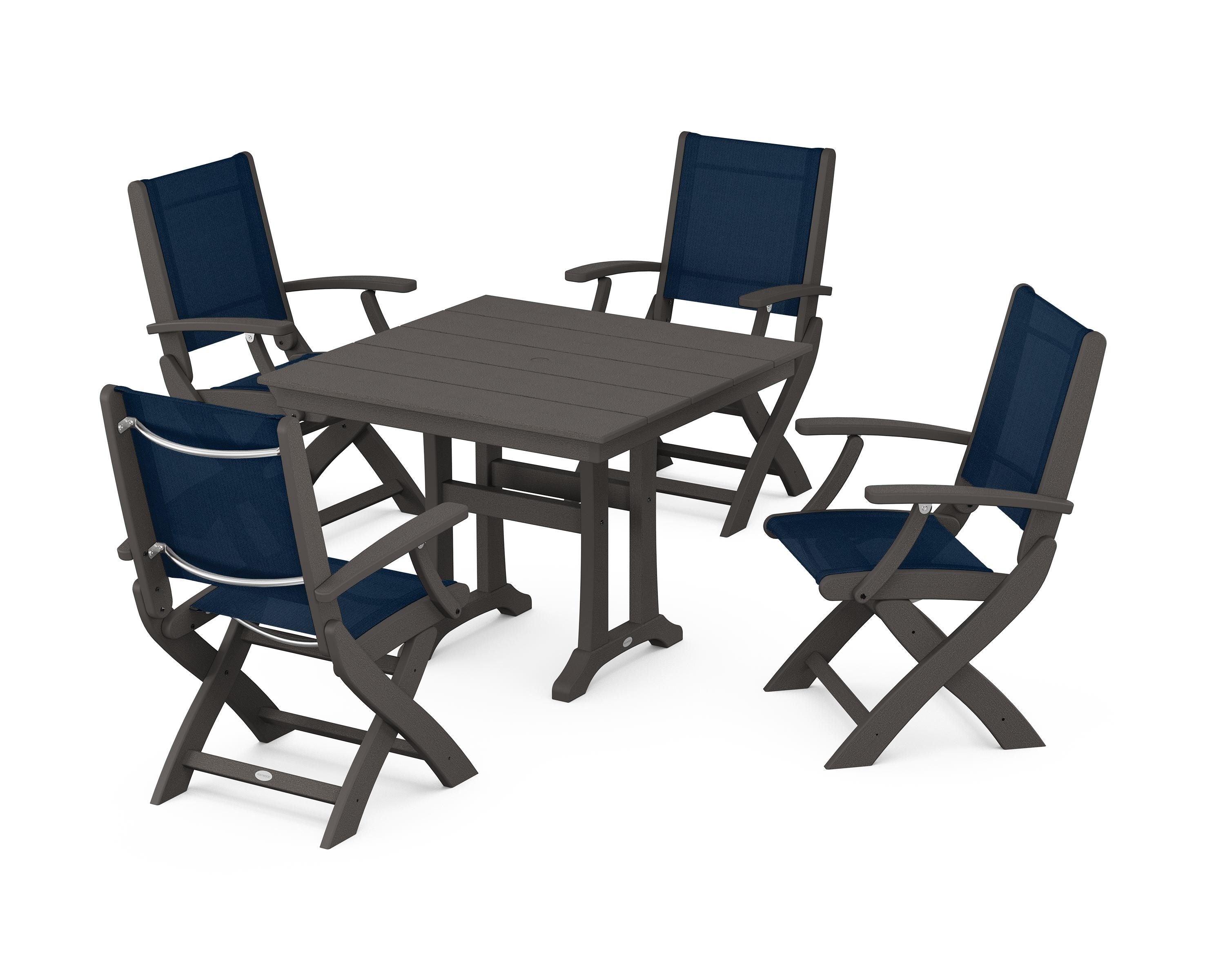 POLYWOOD Coastal Folding Chair 5-Piece Farmhouse Dining Set With Trestle Legs in Vintage Coffee / Navy Blue Sling