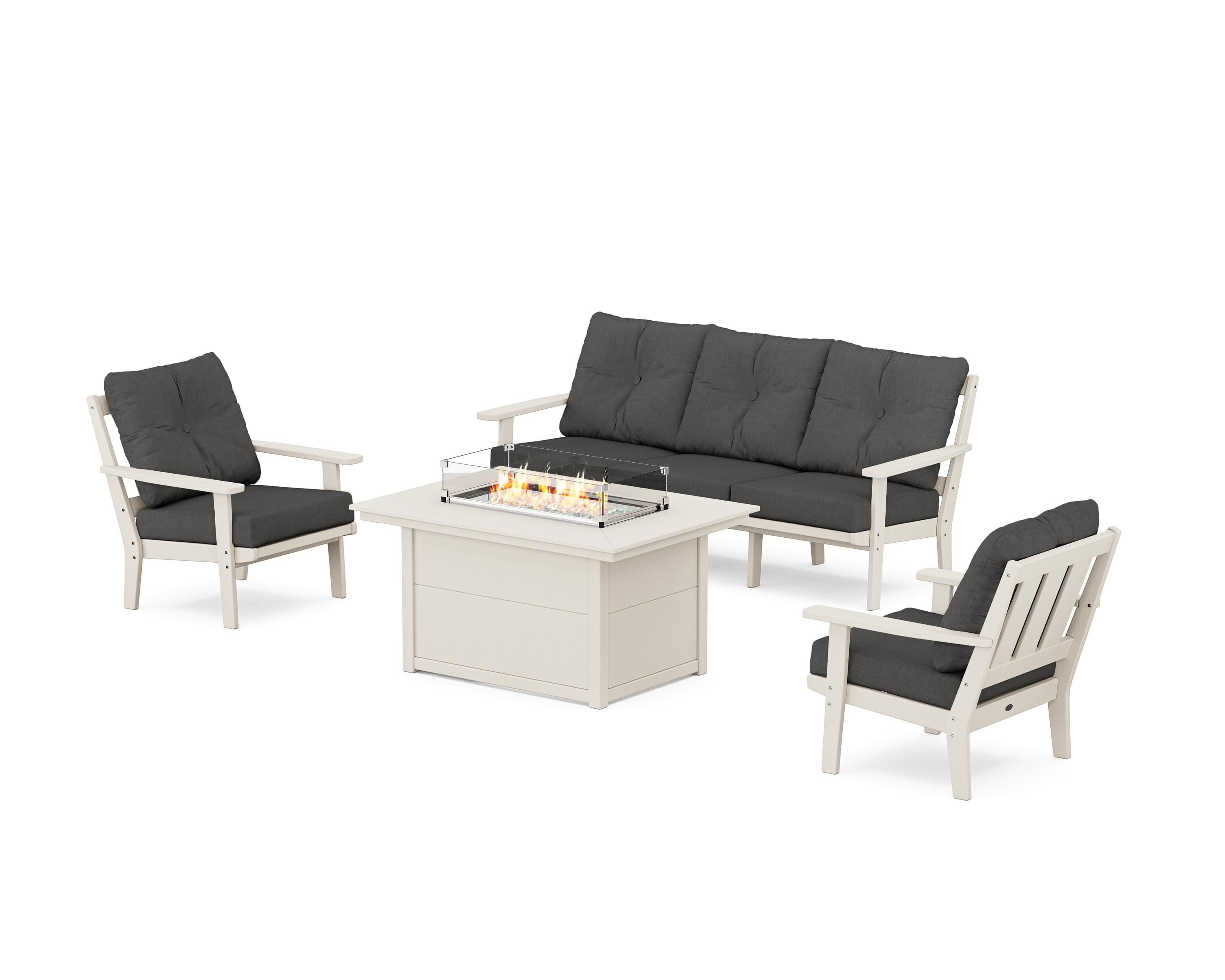 POLYWOOD Oxford Deep Seating Fire Pit Table Set in Sand / Spectrum Carbon