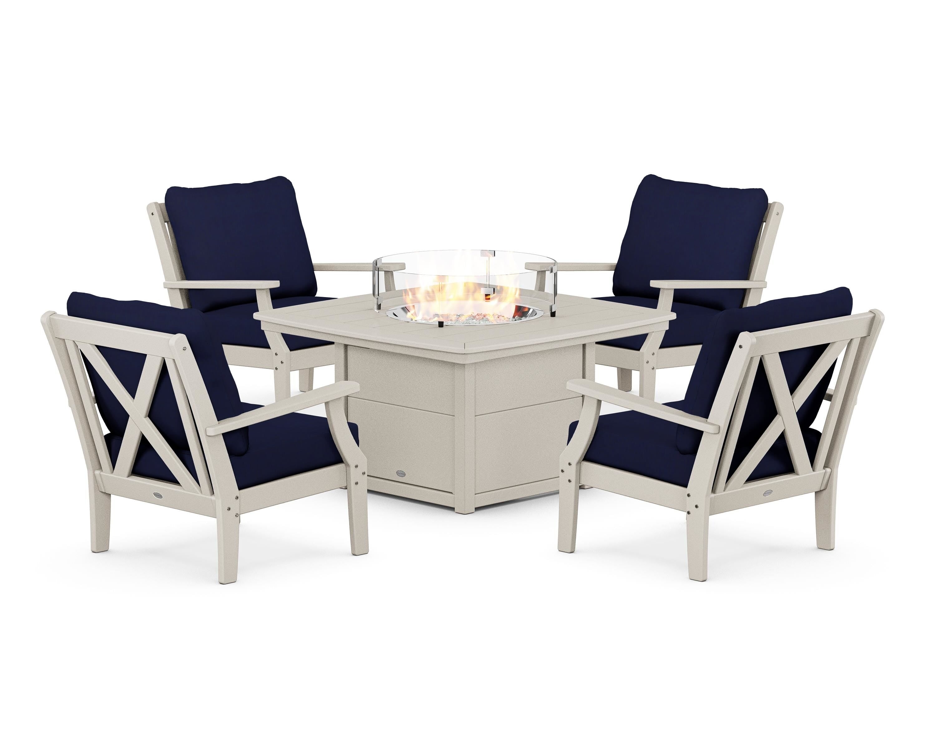 POLYWOOD Braxton 5-Piece Deep Seating Conversation Set with Fire Pit Table in Sand / Navy