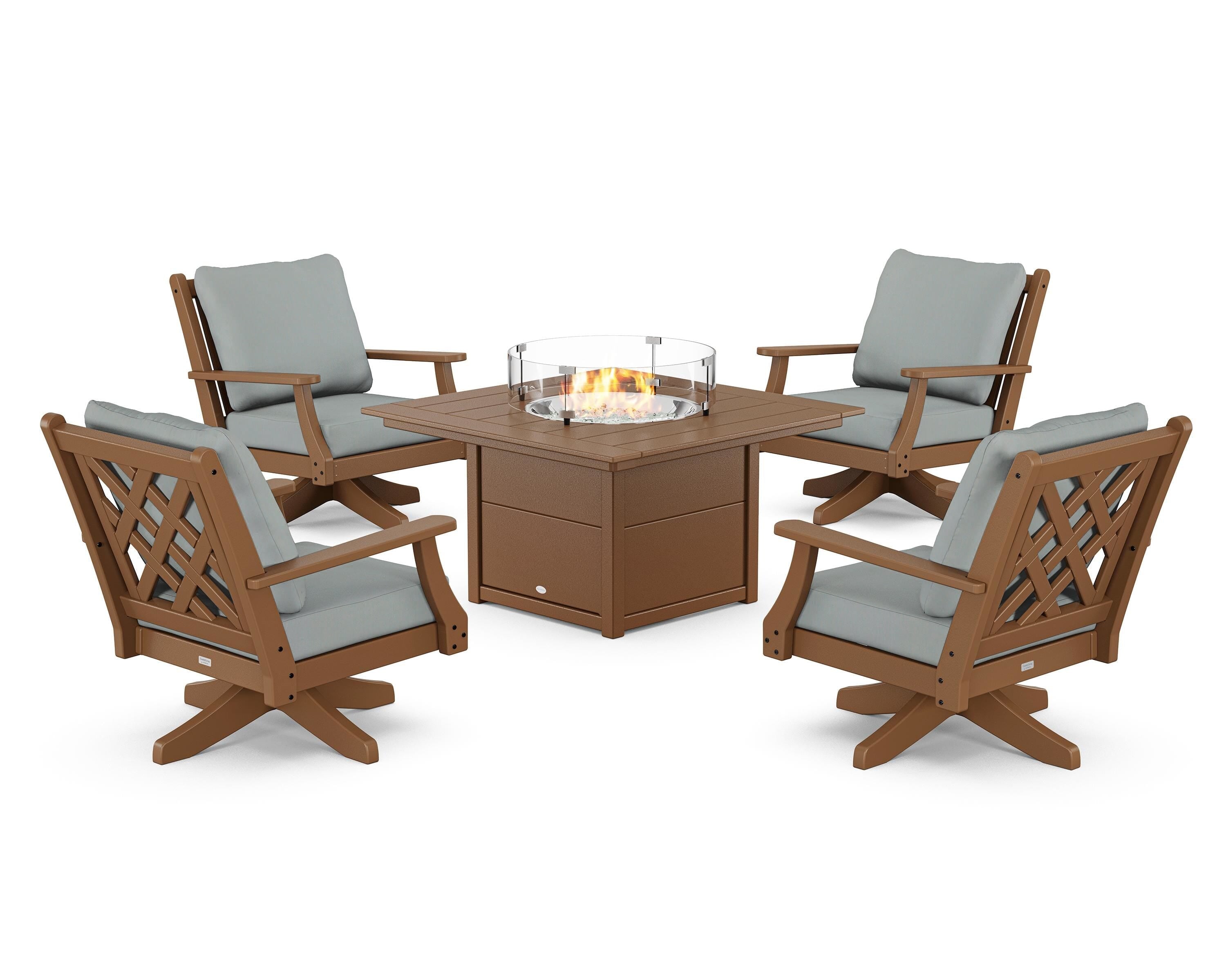 Country Living Wovendale 5-Piece Deep Seating Swivel Conversation Set with Fire Pit Table in Teak / Spa