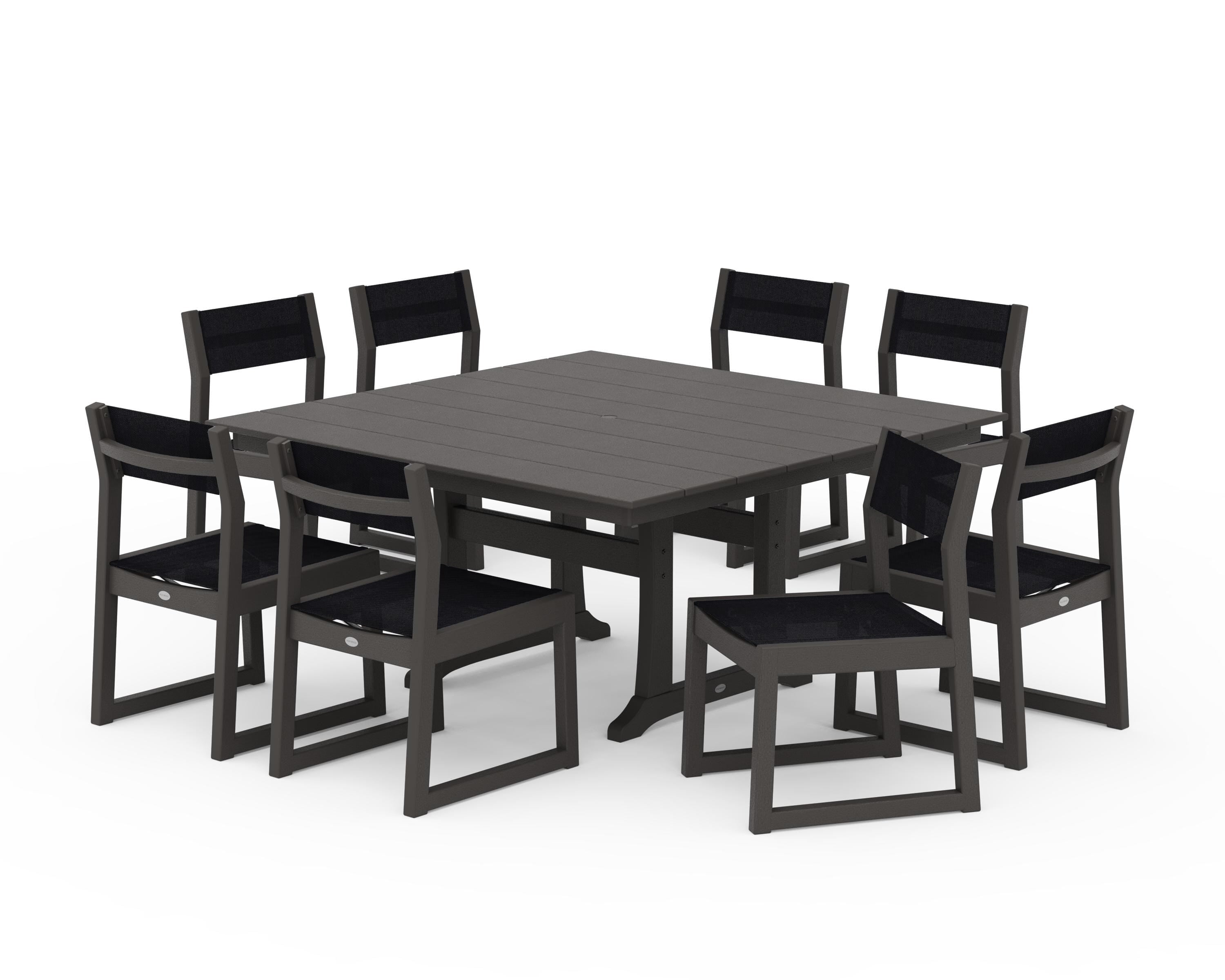 POLYWOOD EDGE Sling Side Chair 9-Piece Farmhouse Trestle Dining Set in Vintage Coffee / Black Sling