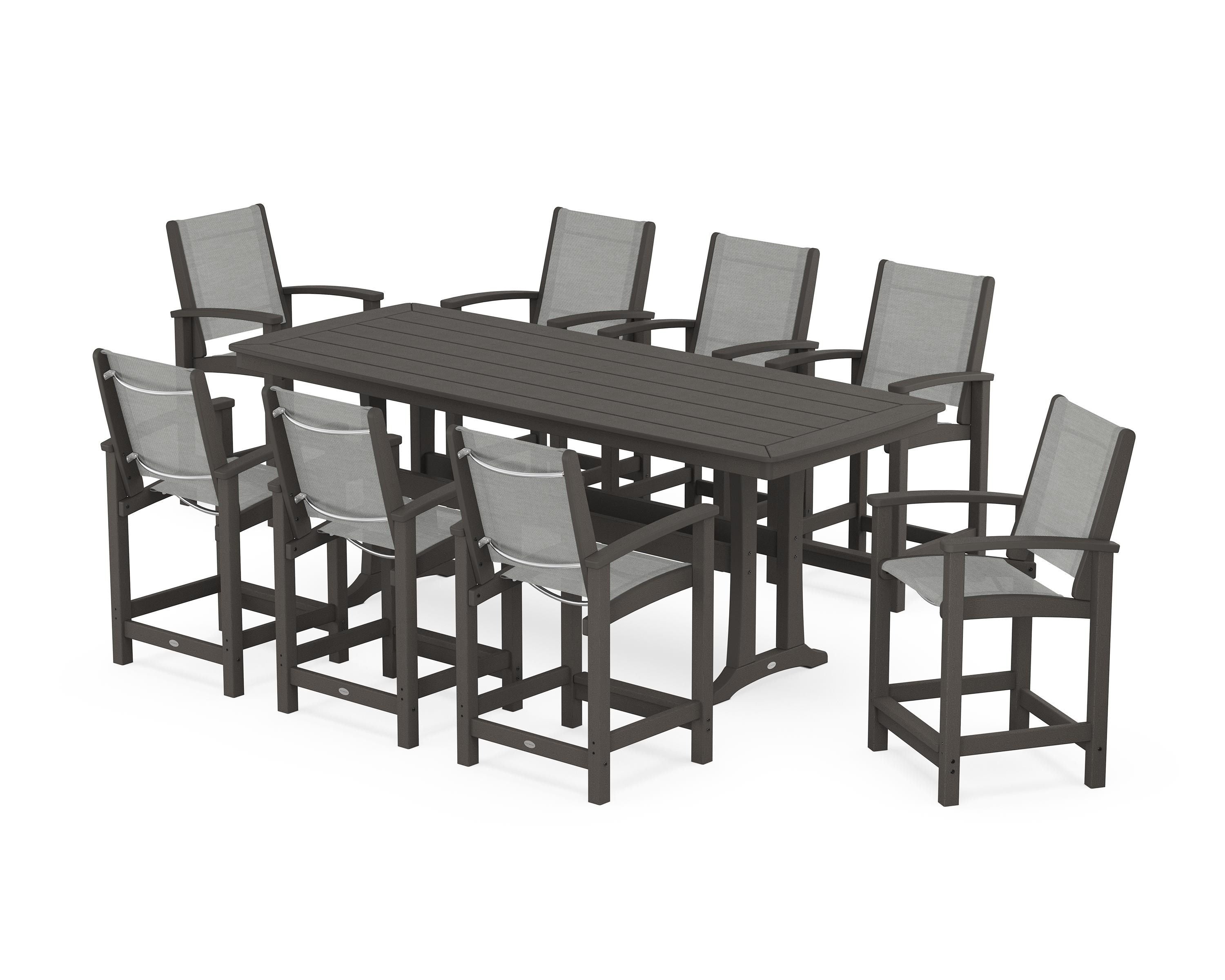 POLYWOOD Coastal 9-Piece Counter Set with Trestle Legs in Vintage Coffee / Metallic Sling