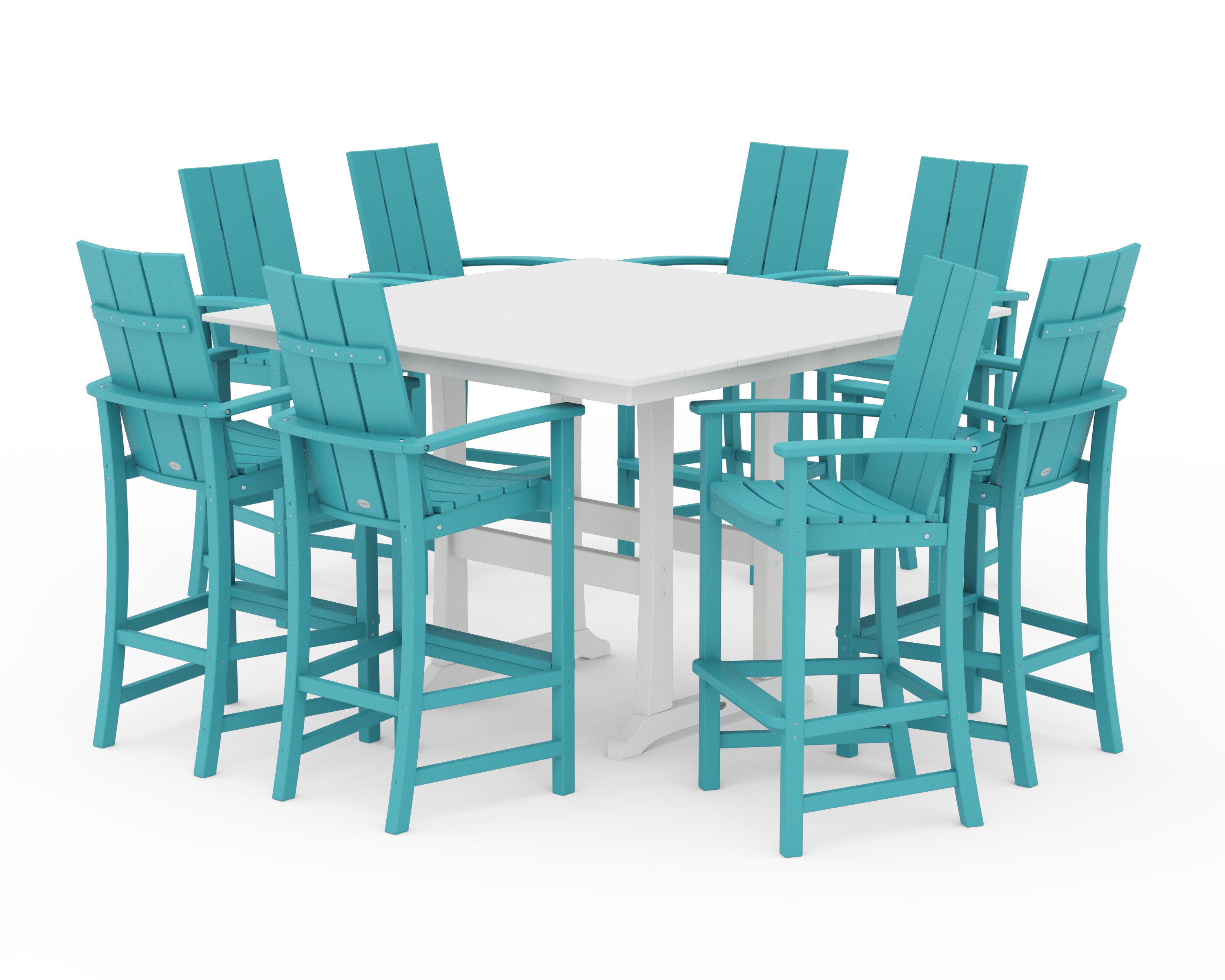 POLYWOOD Modern Adirondack 9-Piece Farmhouse Trestle Bar Set in Aruba / White