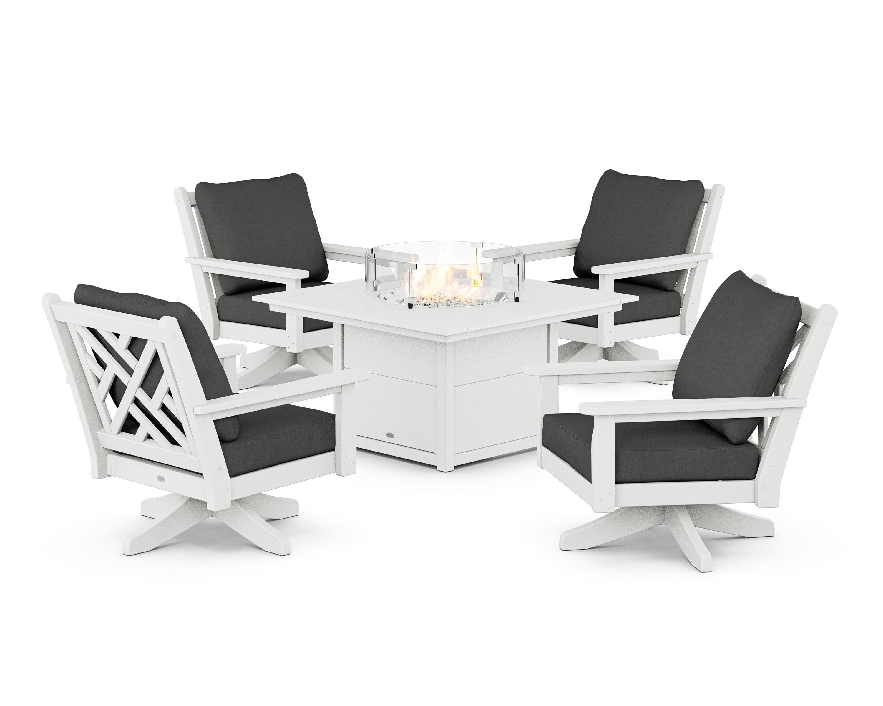 POLYWOOD Chippendale 5-Piece Deep Seating Swivel Conversation Set with Fire Pit Table in White / Spectrum Carbon