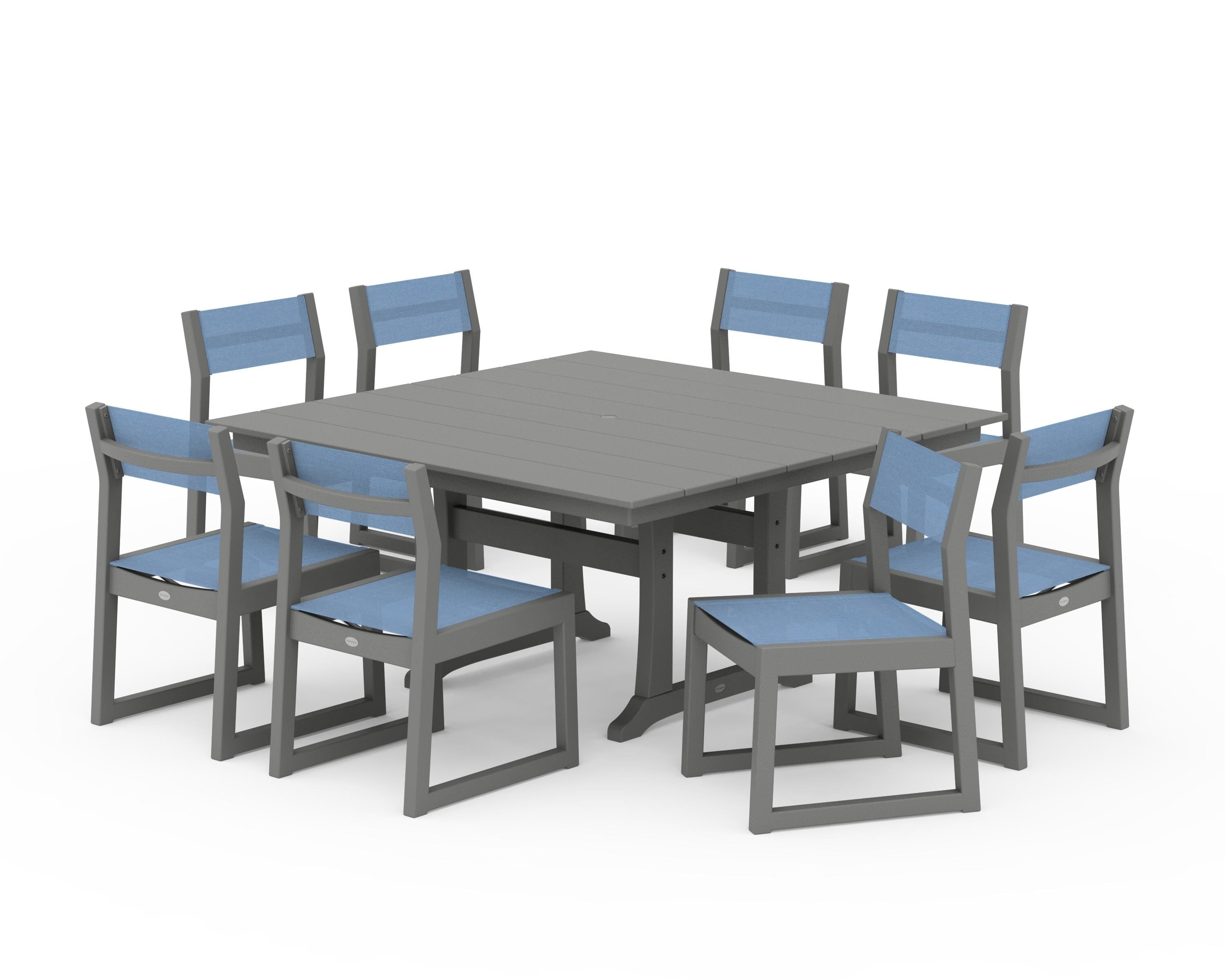 POLYWOOD EDGE Sling Side Chair 9-Piece Farmhouse Trestle Dining Set in Slate Grey / Poolside Sling