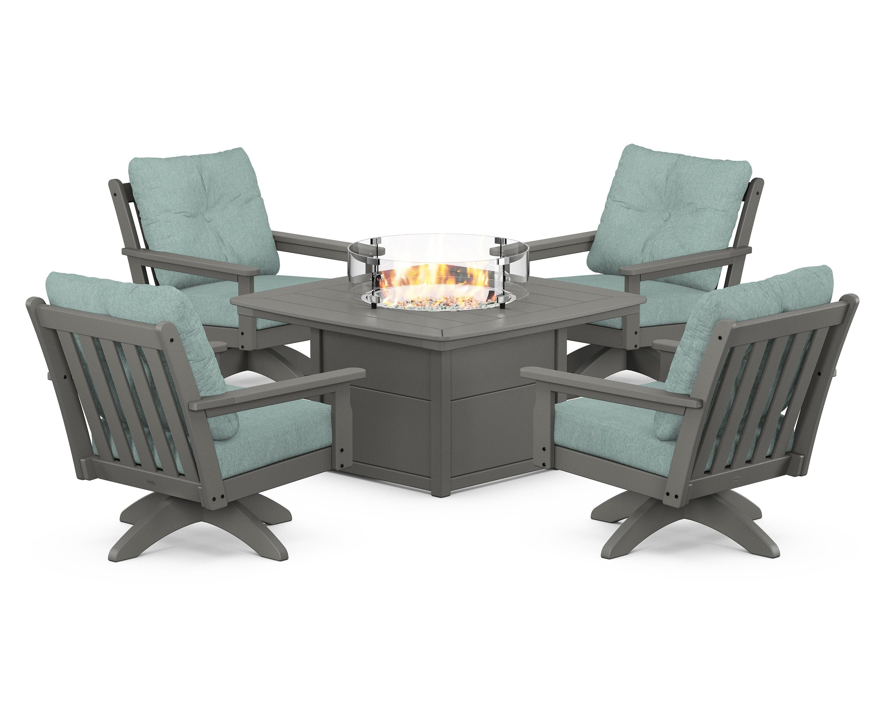 POLYWOOD Vineyard 5-Piece Deep Seating Swivel Conversation Set with Fire Pit Table in Slate Grey / Glacier Spa