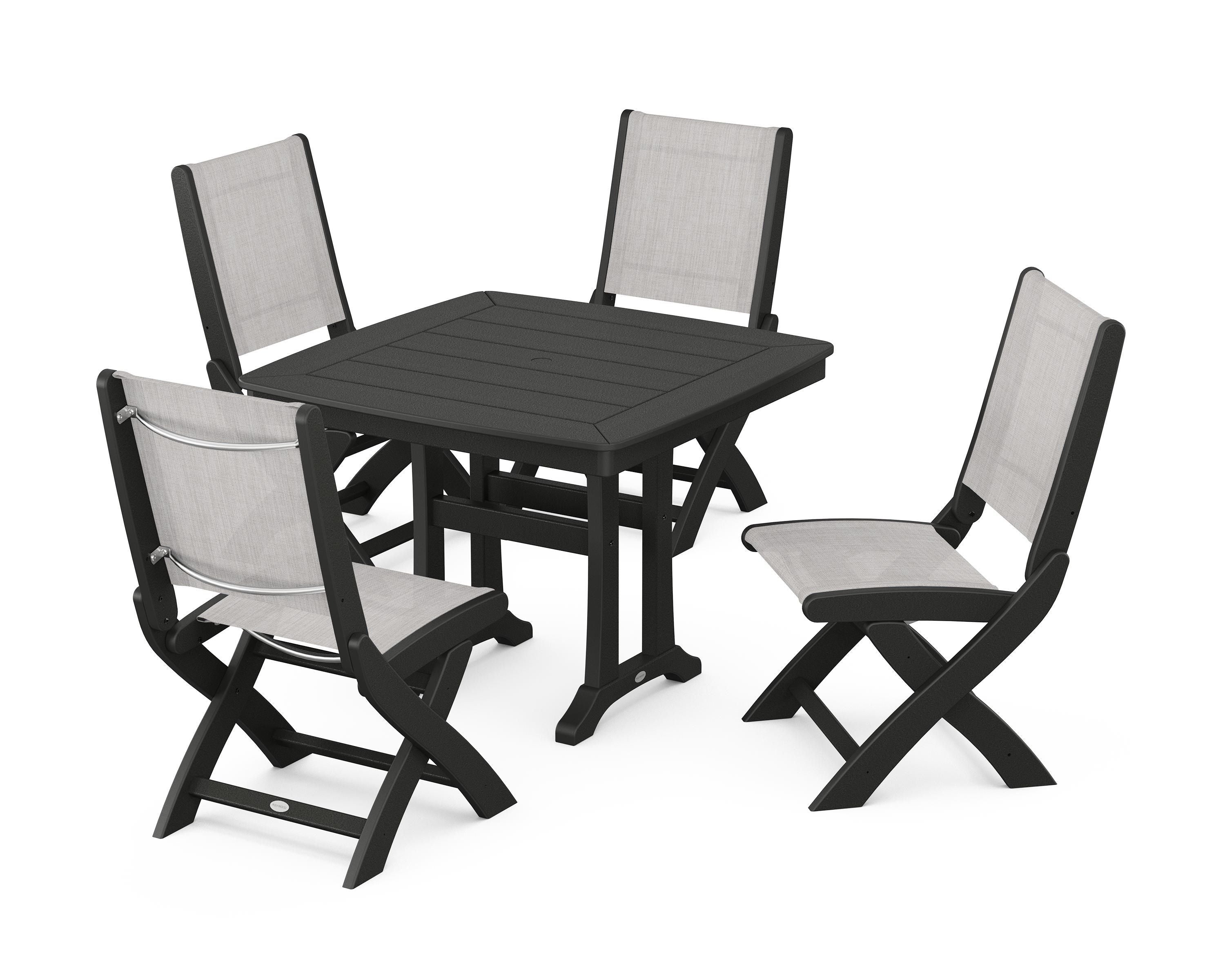 POLYWOOD Coastal Folding Side Chair 5-Piece Dining Set with Trestle Legs in Black / Parchment Sling